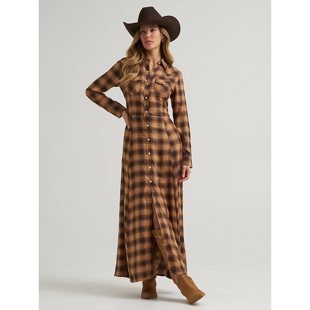 Women's Western Flannel Maxi Shirt Dress in Brown