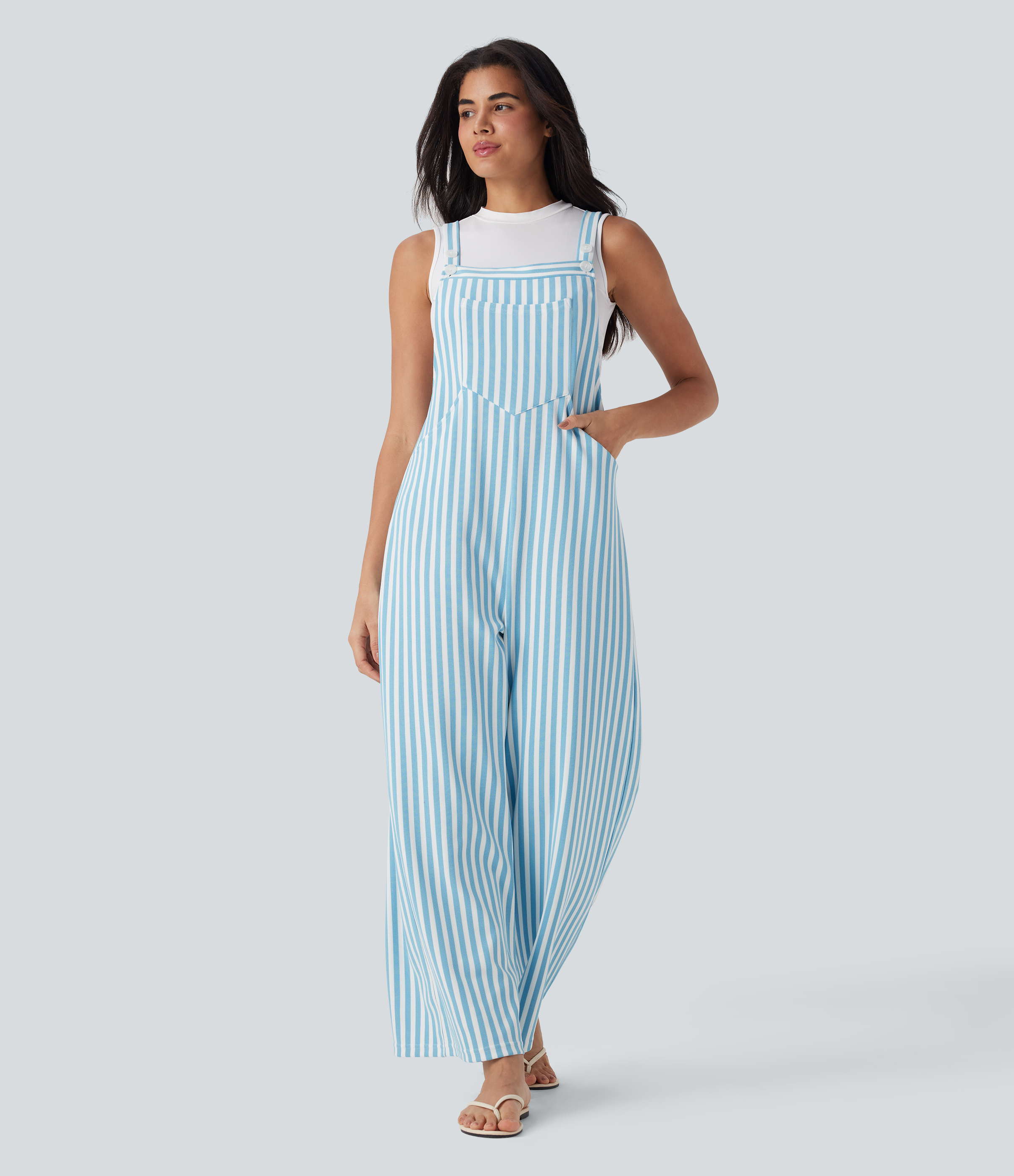 Pockets Stripe Waffle Overalls  - Sky Stripe
