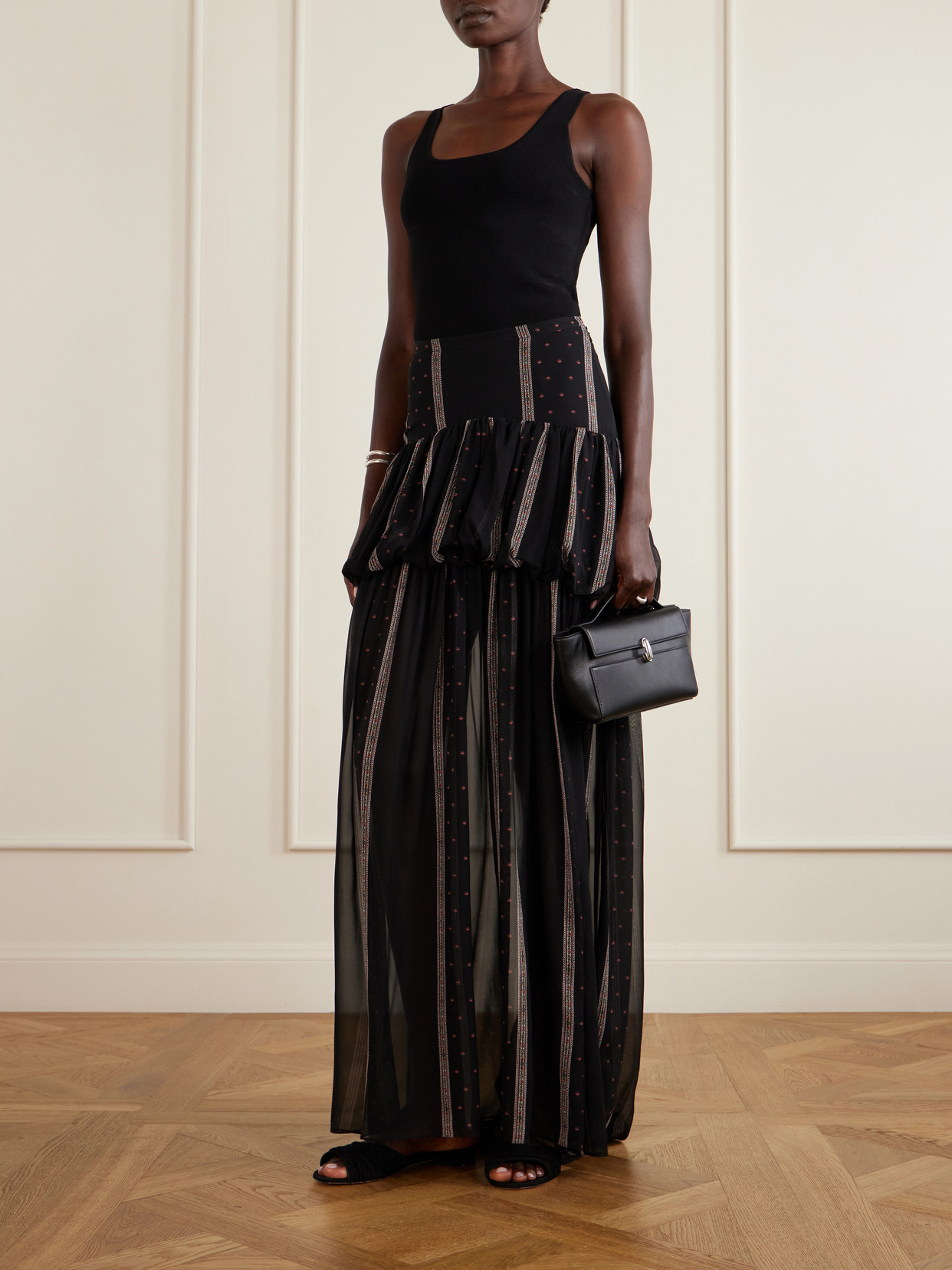Nina Striped Peplum Silk Maxi Skirt - Black