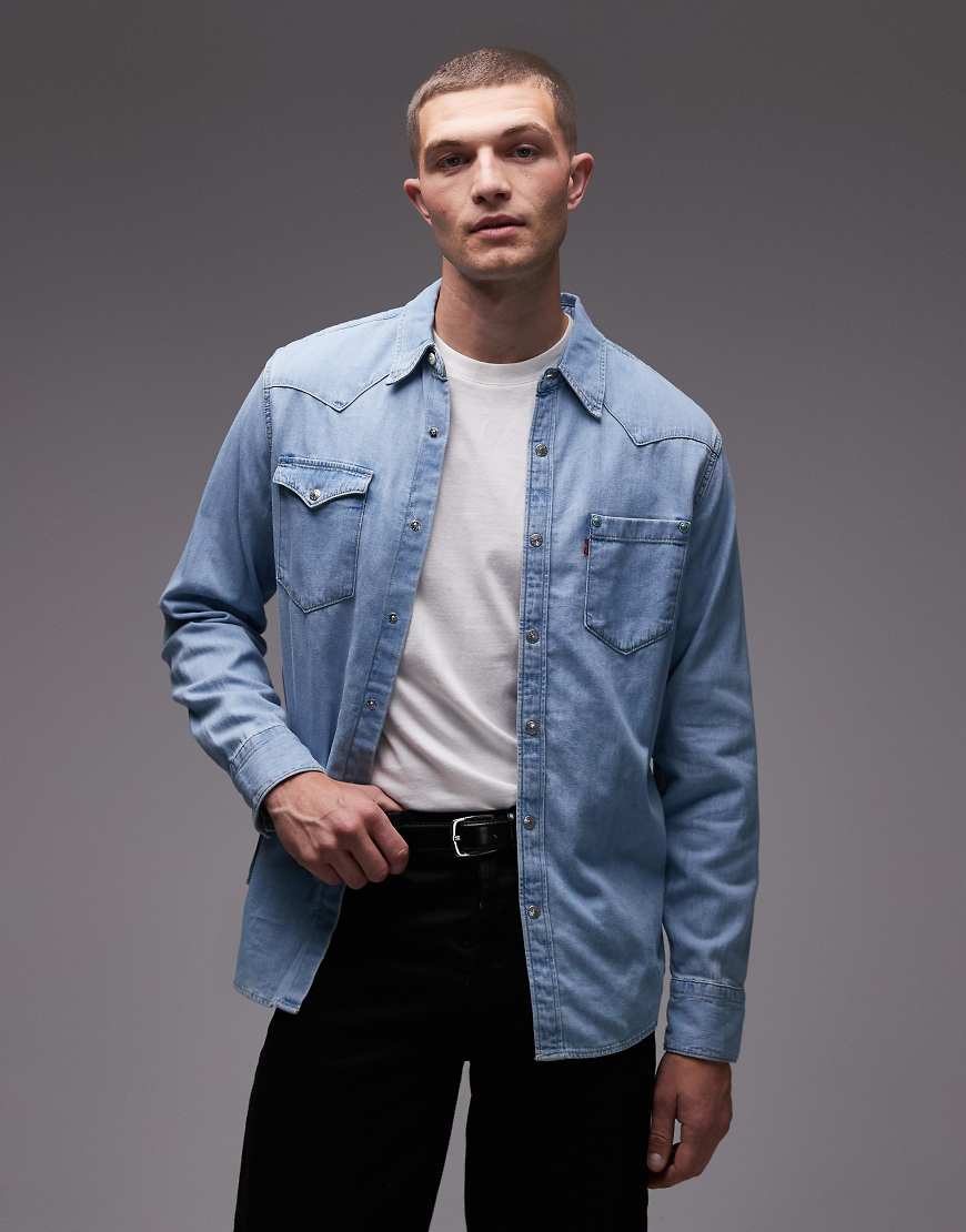 Barstow western rivet back detail denim shirt in light wash-Blue
