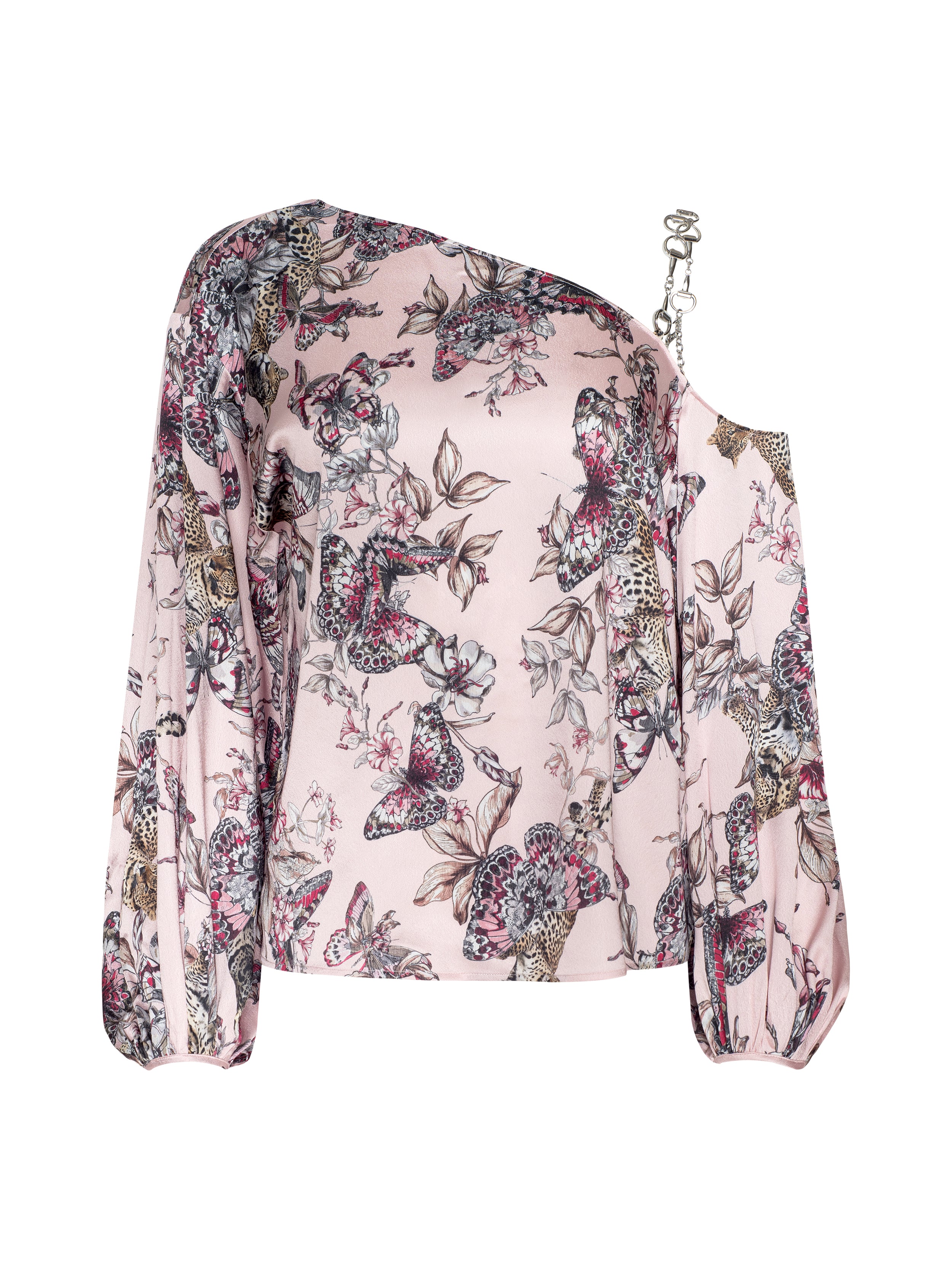 Asami Chain One-Shoulder Blouse Top In Light Nectar Pink Small Multi Butterfly Jungle