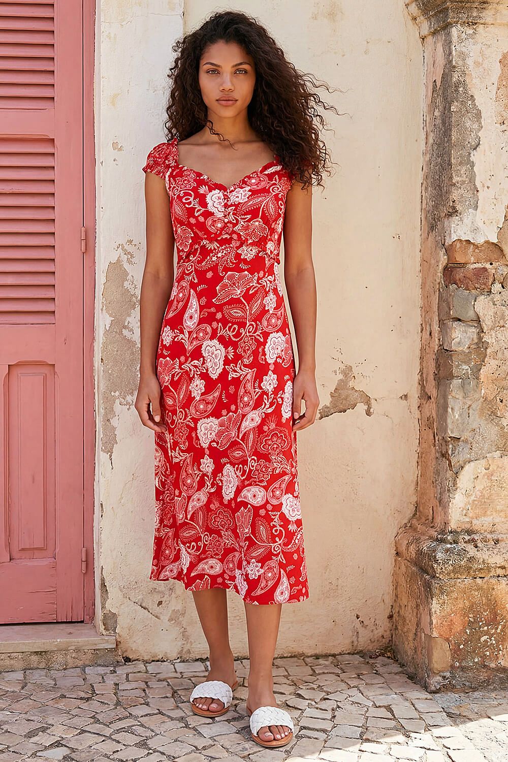 Roman Petite Paisley Midi Dress In Red