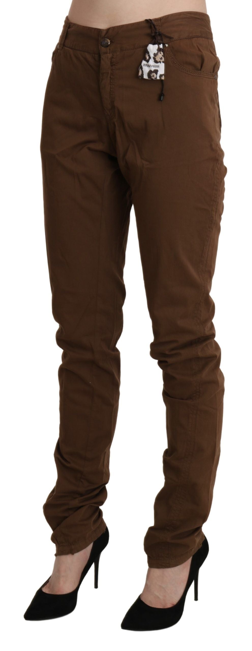 High Waist Skinny Cotton Trousers — Brown