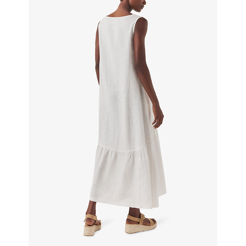 Womens White V-neck Curved-hem Linen Maxi Dress