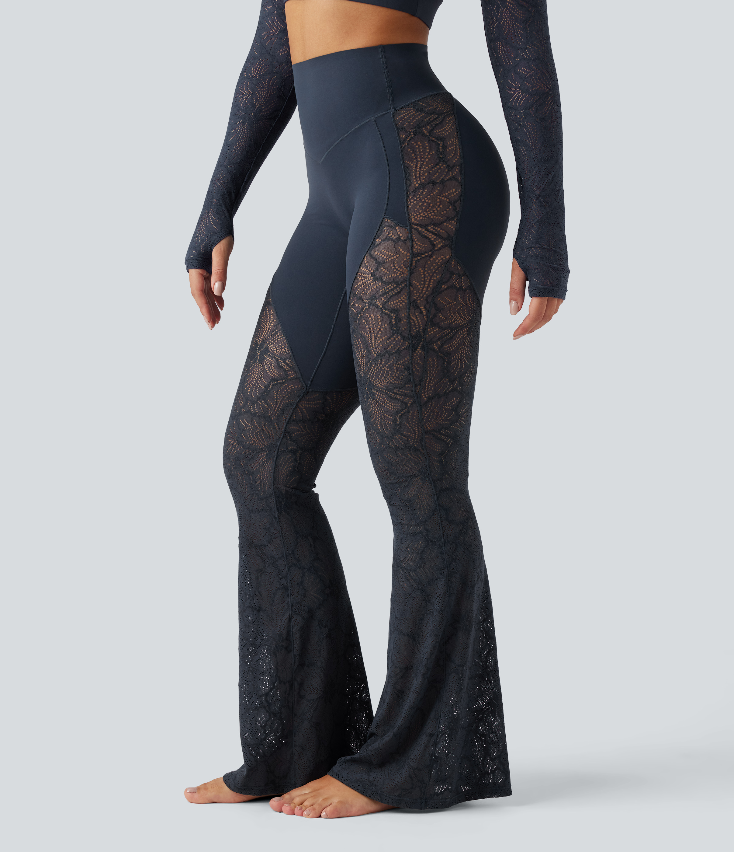 UltraSculpt™ High Waisted Tummy Control Contrast Lace Yoga Flare Leggings with Pocket  - Carbon