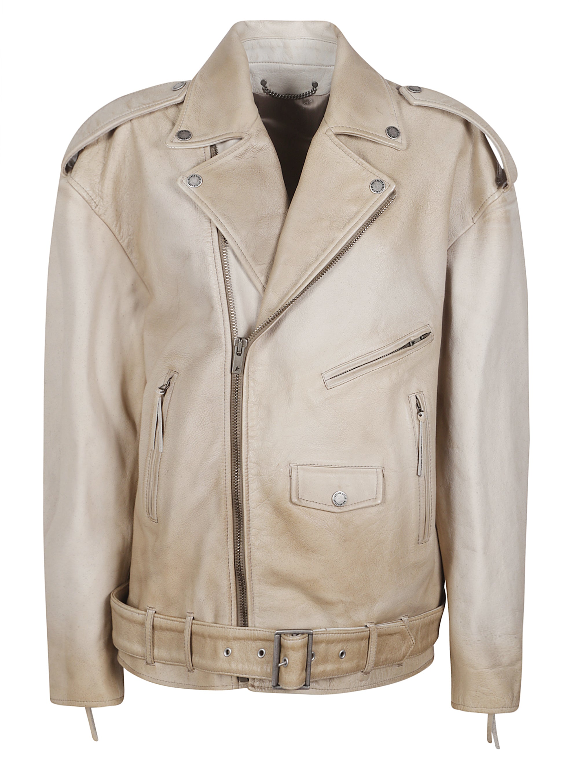Leather Biker Jacket with Buckled Belt and Shoulder Pads