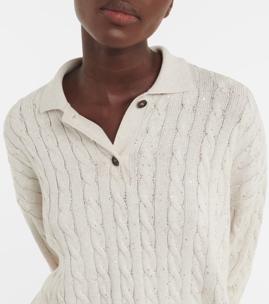 Cable-knit cotton-blend polo sweater