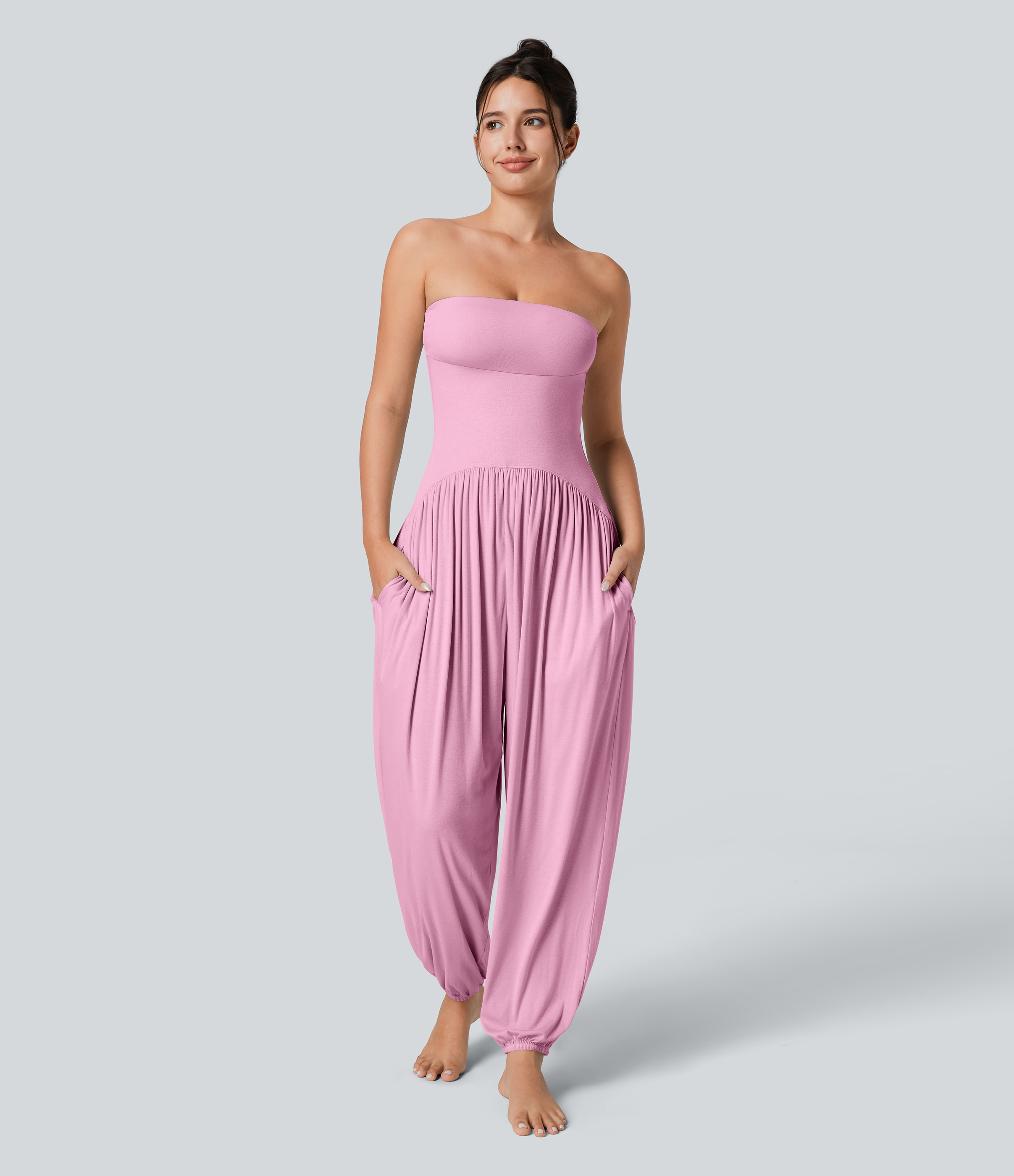 Ribbed Tube Backless Side Pocket Casual Jumpsuit  - Sweet Lilac