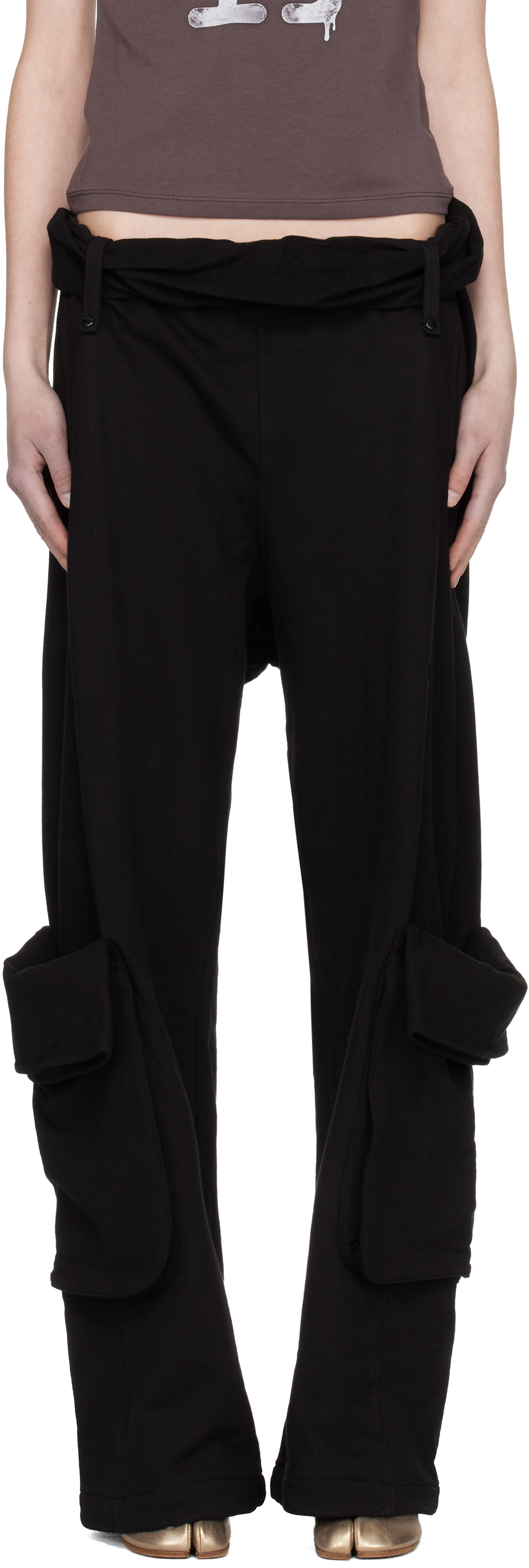 Black Rolled Waist Sweat Cargo Pants