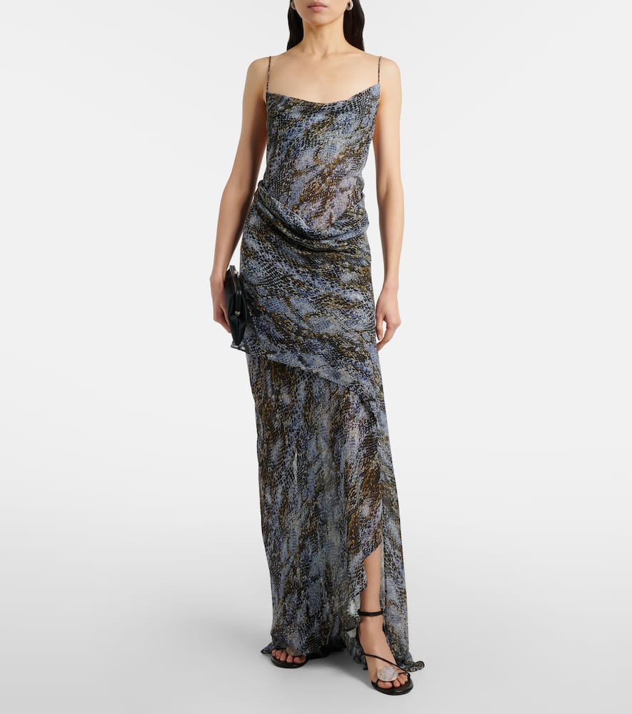 Snake-print draped silk maxi dress