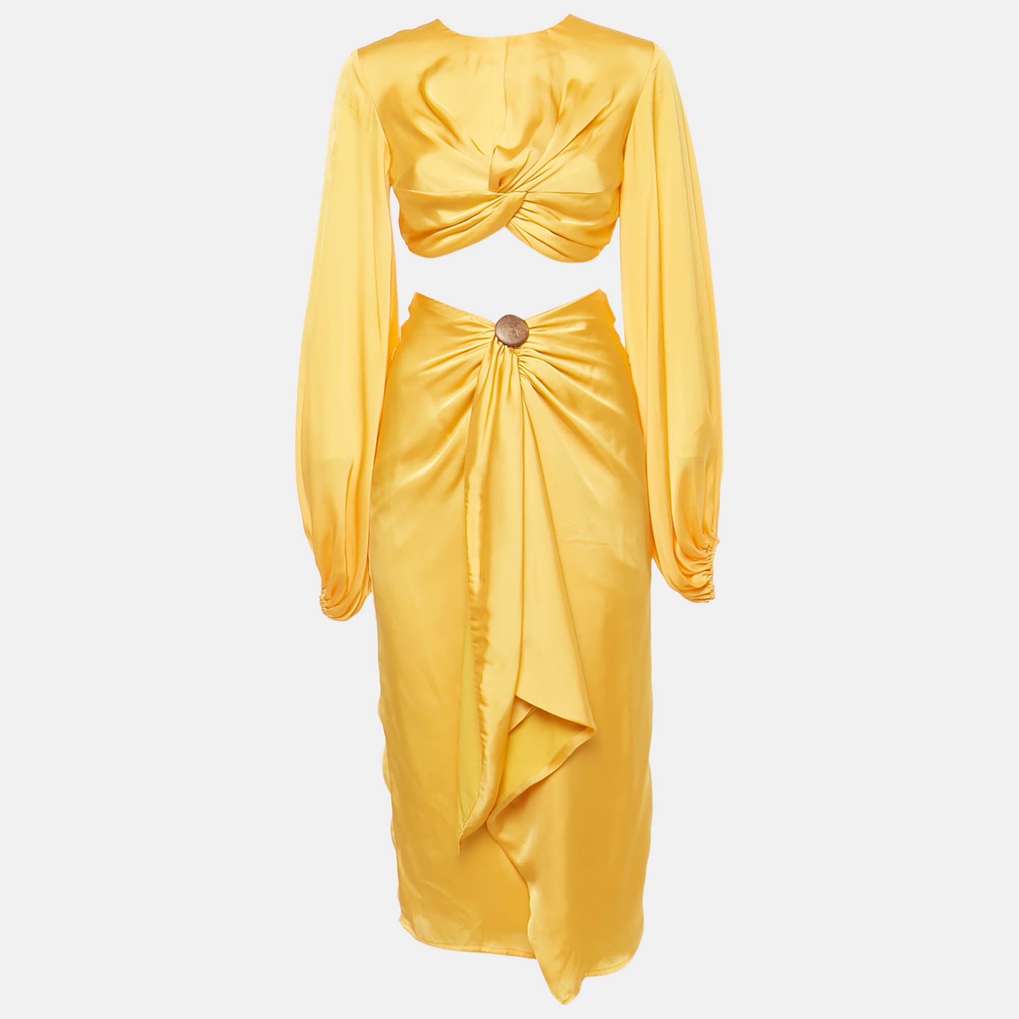 Yellow Satin Draped Behati Crop Top And Skirt Set
