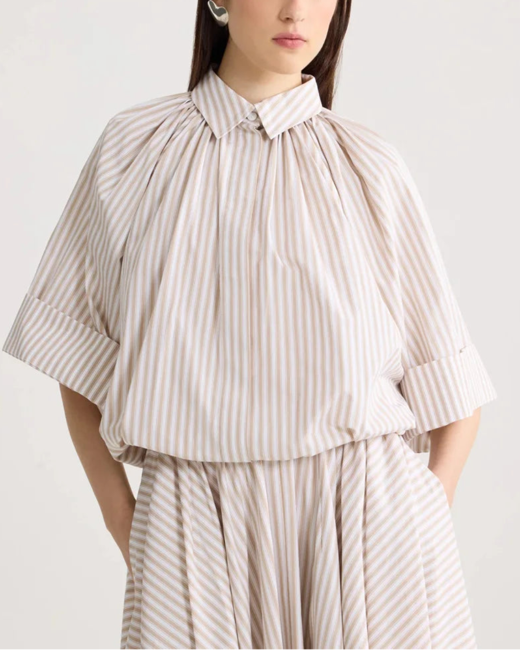 Organic Cotton Voluminous Short-Sleeved Striped Blouse