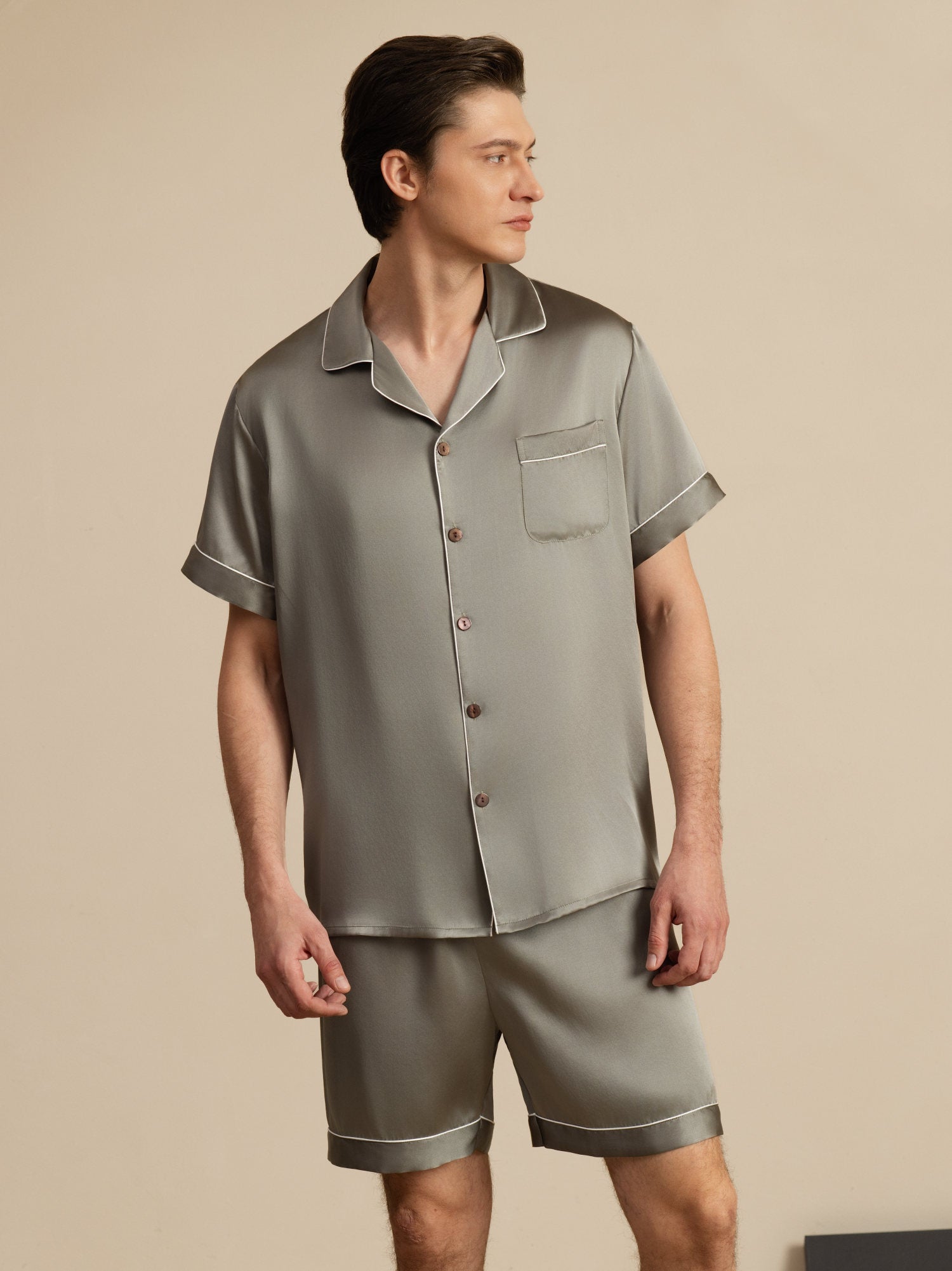 Pure Silk Short Sleeve Notch Collar Men's Pajamas Set with Shorts