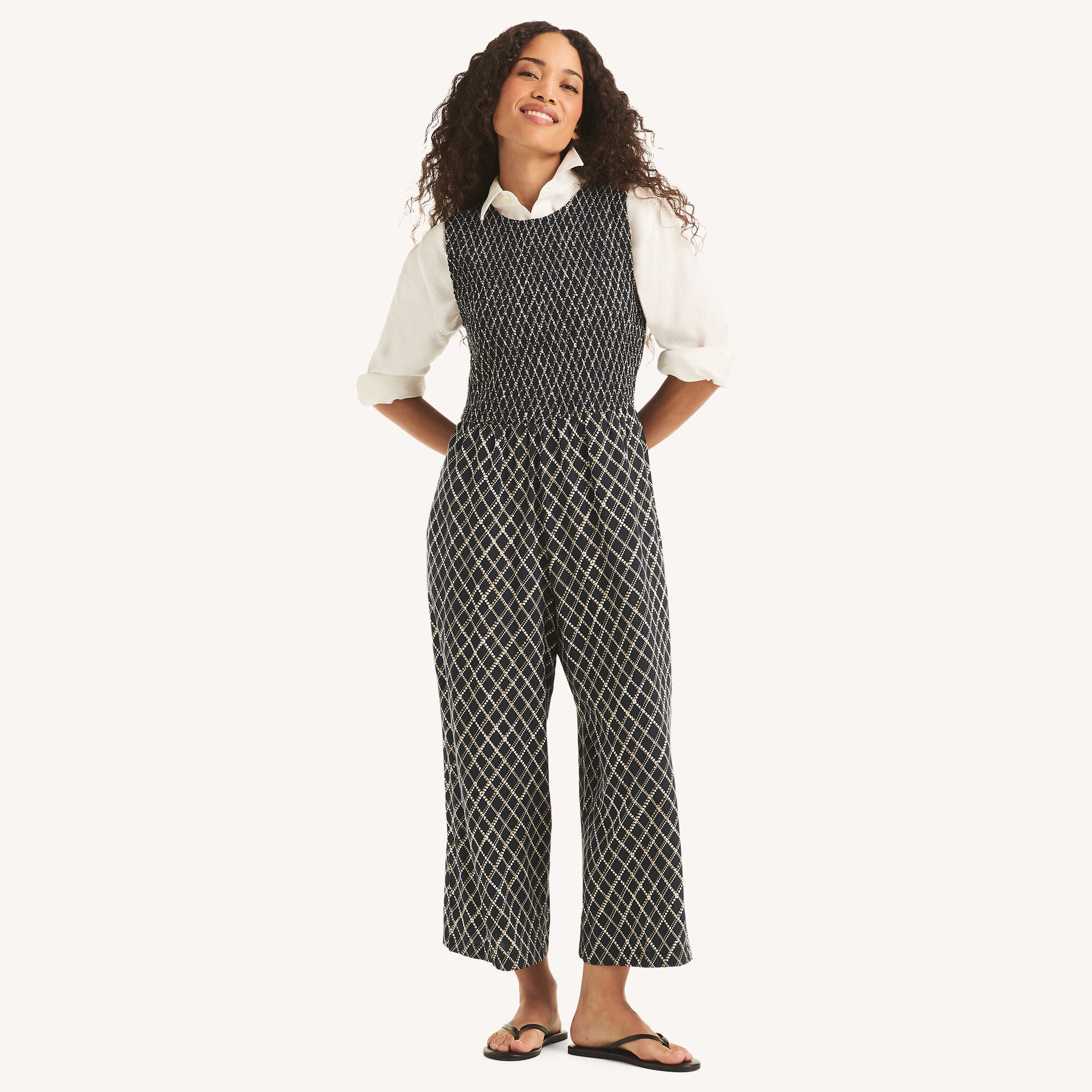 Womens Printed Smocked Jumpsuit
