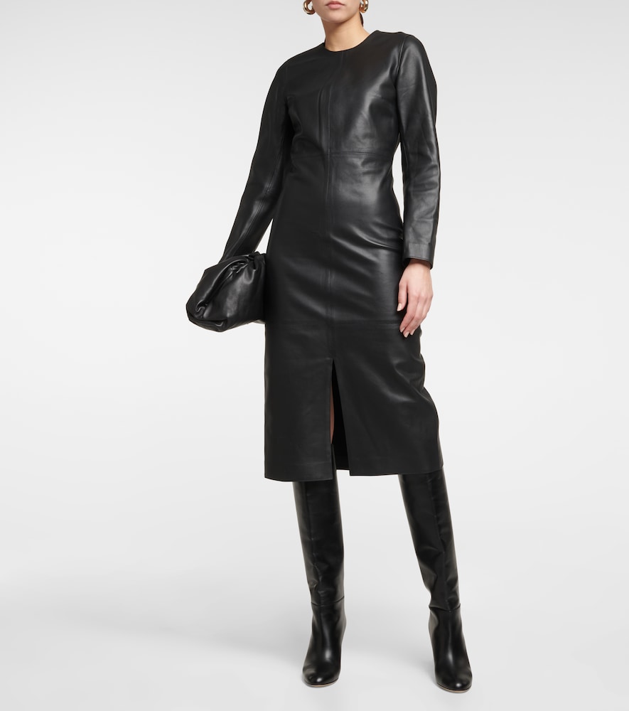 Paneled leather midi dress