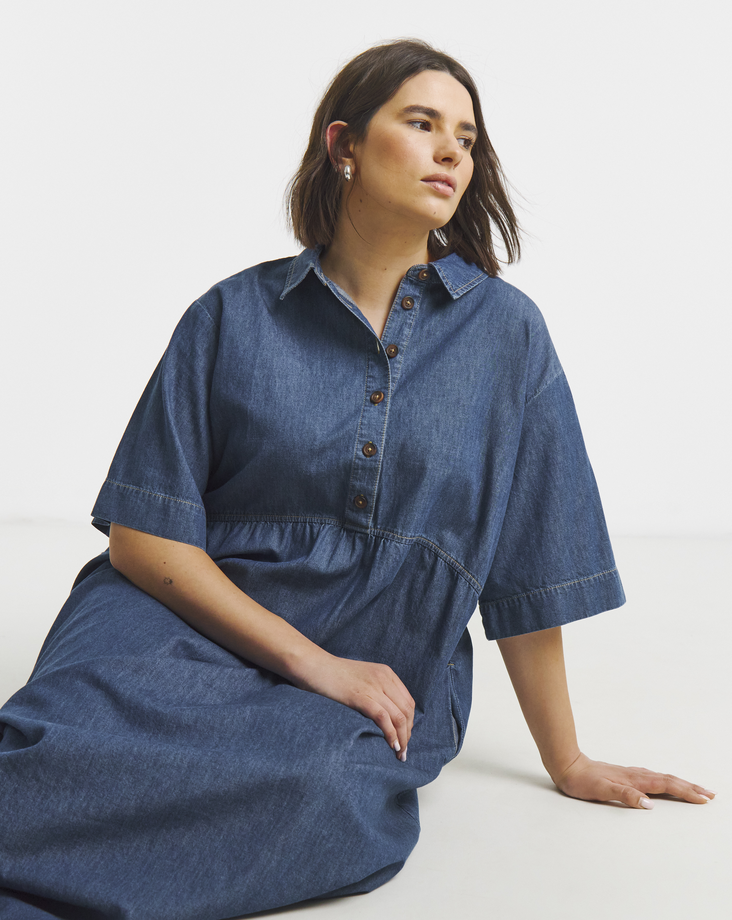 Short Sleeve Collared Denim Midaxi Dre
