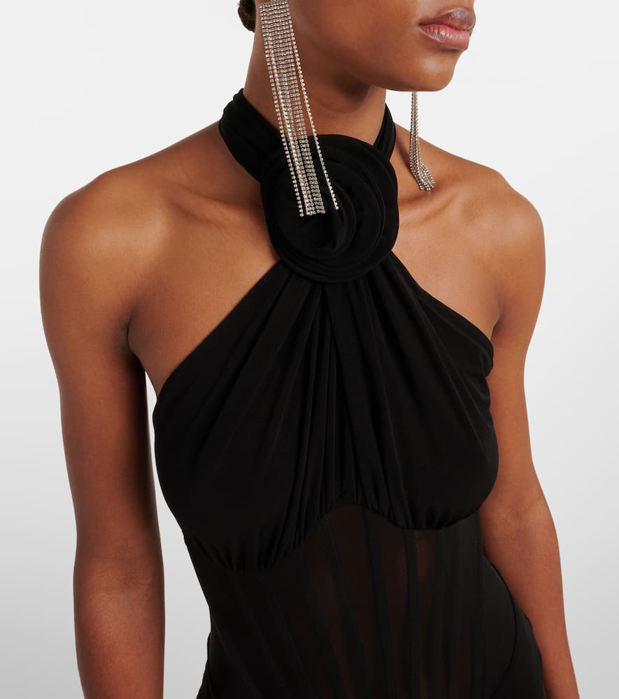 Floral-appliqué sheer cocktail dress