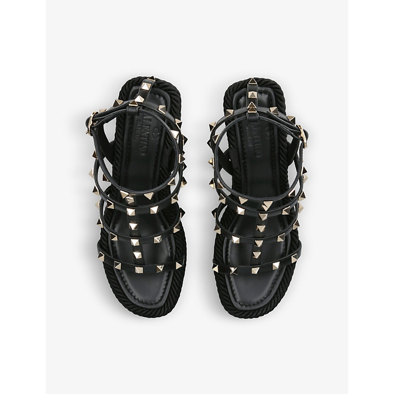 Womens Black Rockstud 95 Braided Leather Heeled Sandals