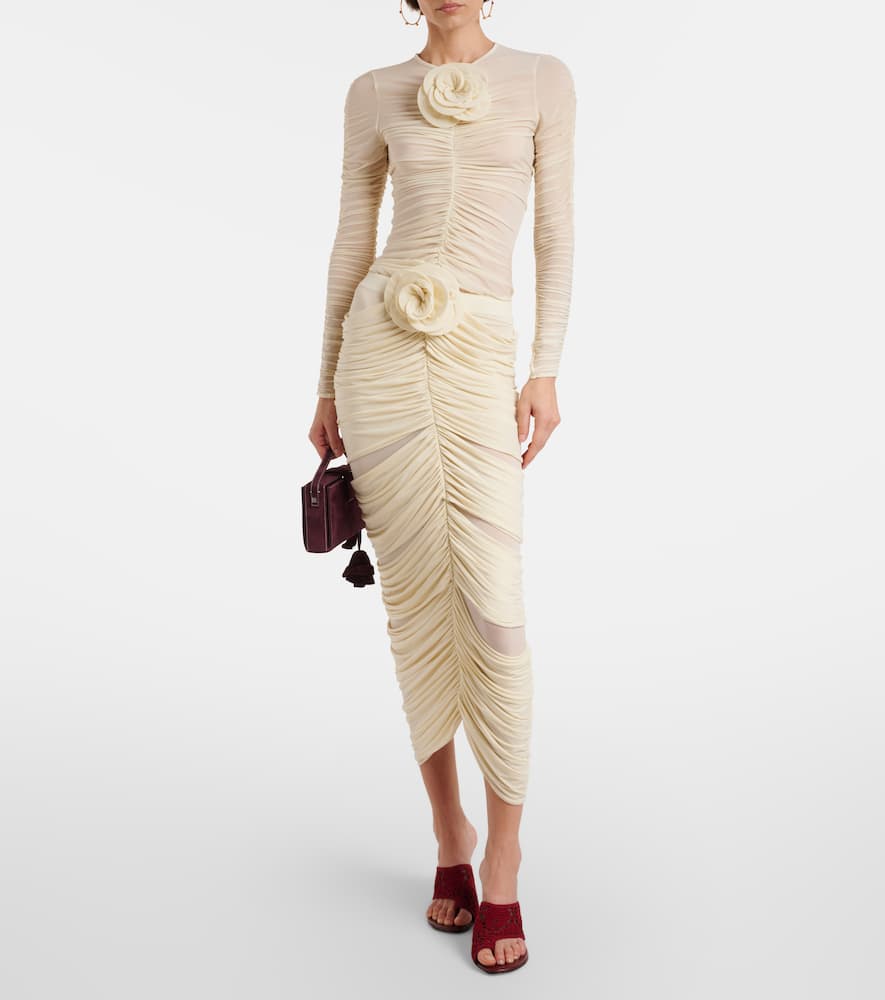 Floral-appliqué ruched midi skirt