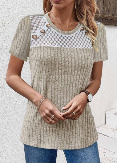 Modlily Light Camel Lace Short Sleeve Round Neck T Shirt