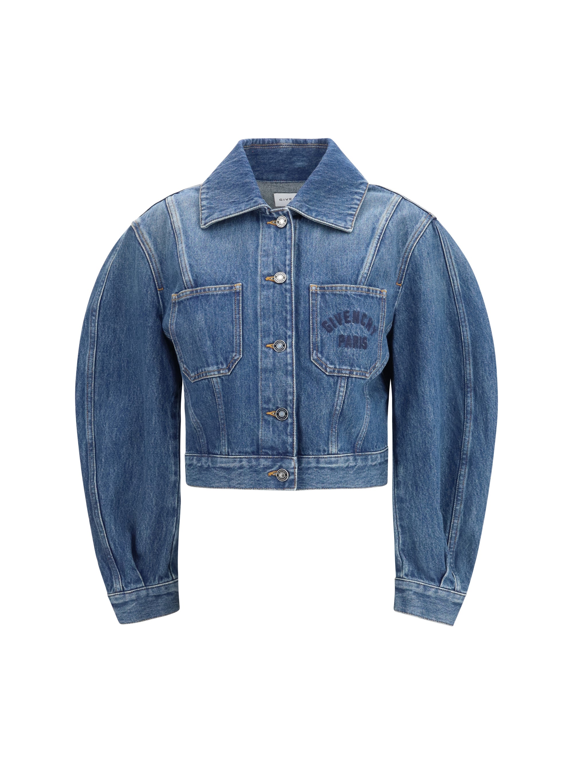 Logo-Embroidered Denim Crop Jacket — Blue