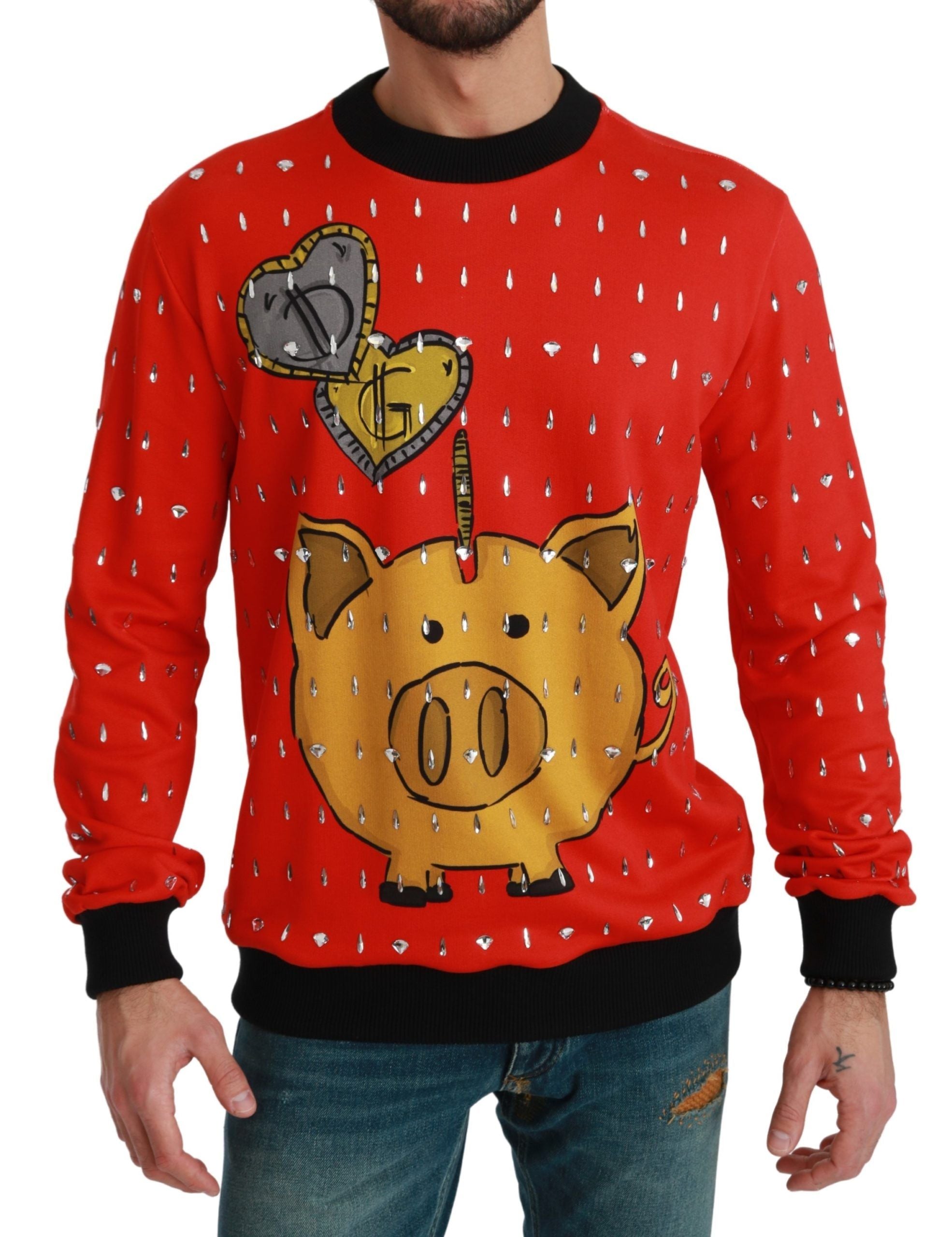 Crystal-Embellished Pig Graphic Sweatshirt — Red