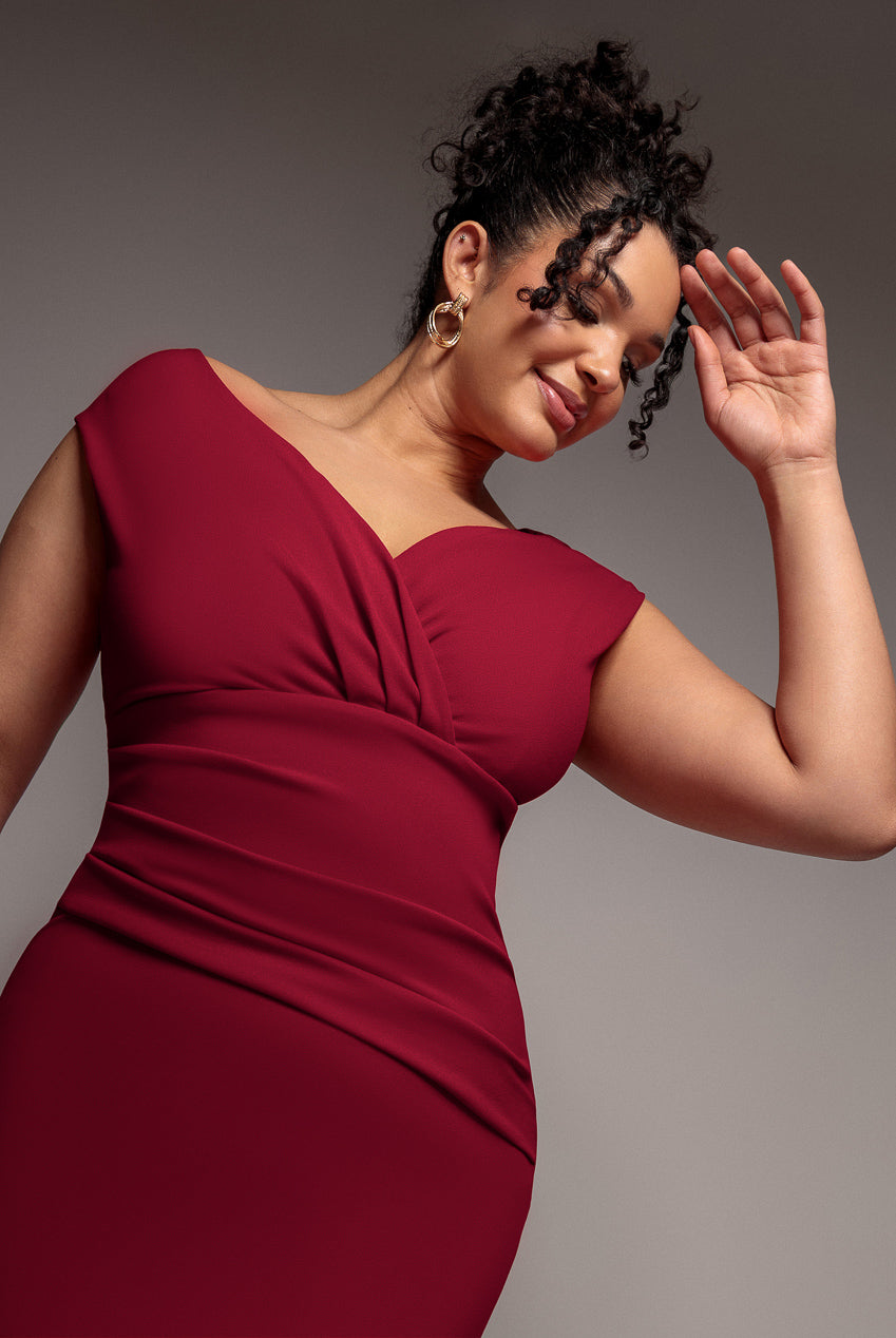 Goddiva Plus Scuba Bardot Pleated Midi Dress - Wine