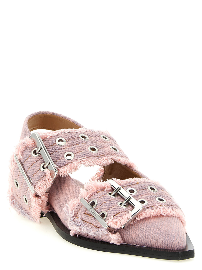 Feminine Buckle Fringed Denim Flat Shoes Pink