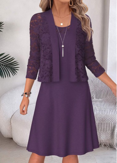 Modlily Purple Two-piece Half Sleeve Round Neck Dress and Cardigan
