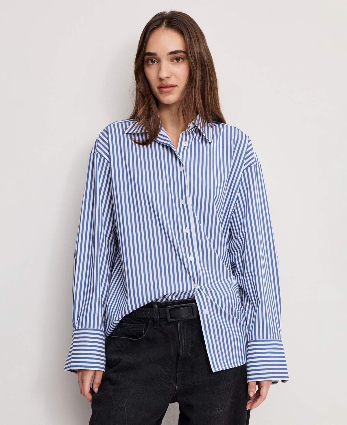 Women's Poplin Oversized Shirt, Regular and Plus - Indigo Stripe