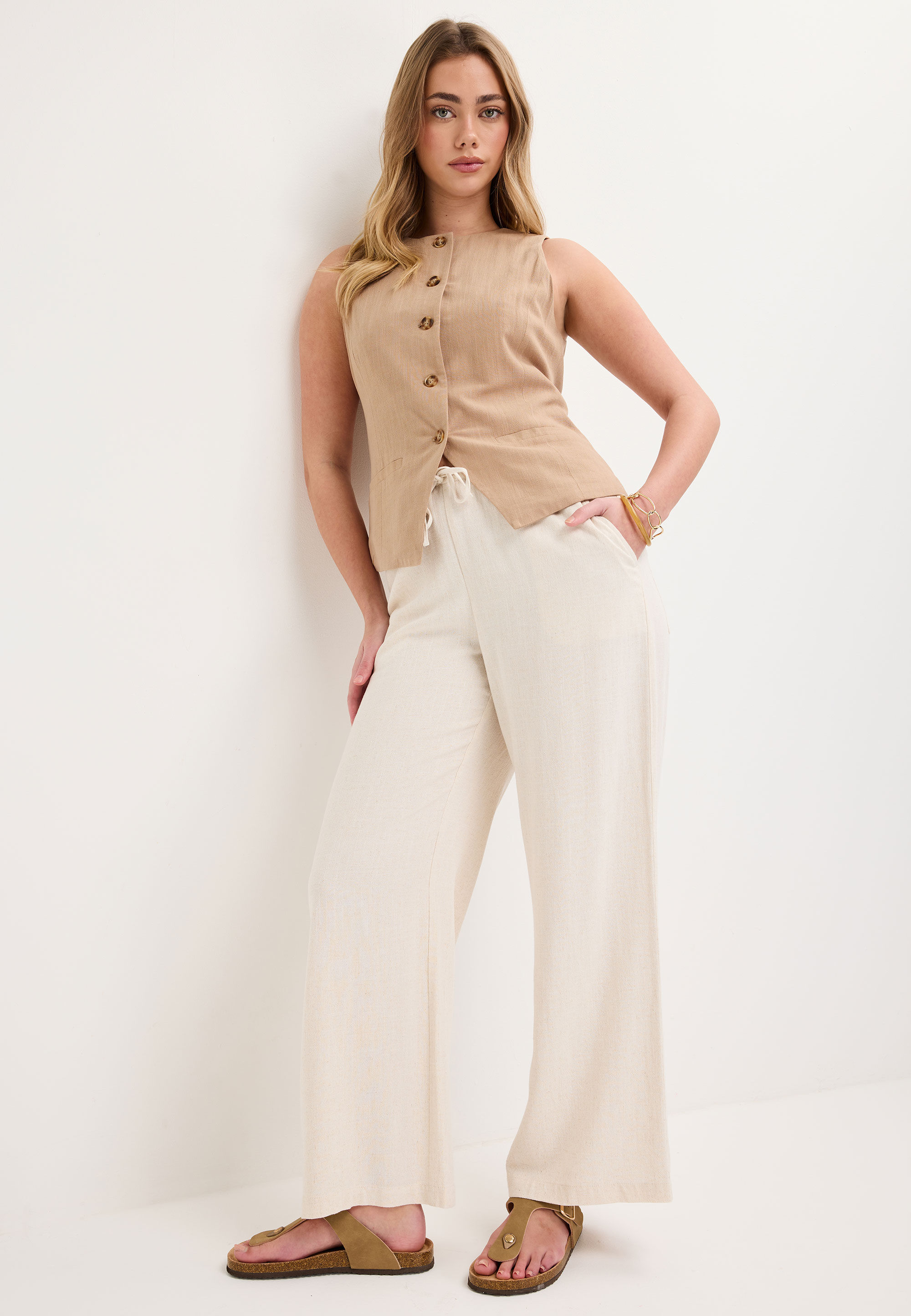 Womens Cream Drawstring Linen Blend Trousers