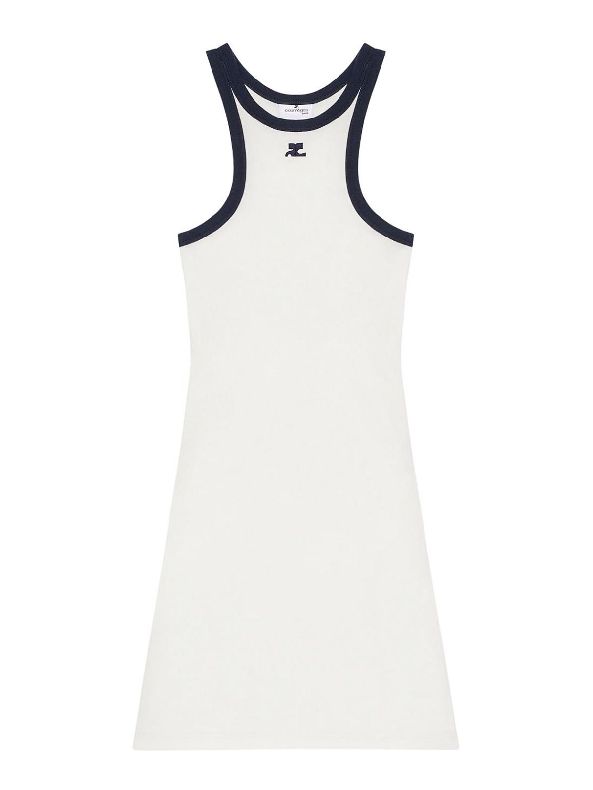 White Cotton Mini Dress With Navy Blue Details And Halter Neck