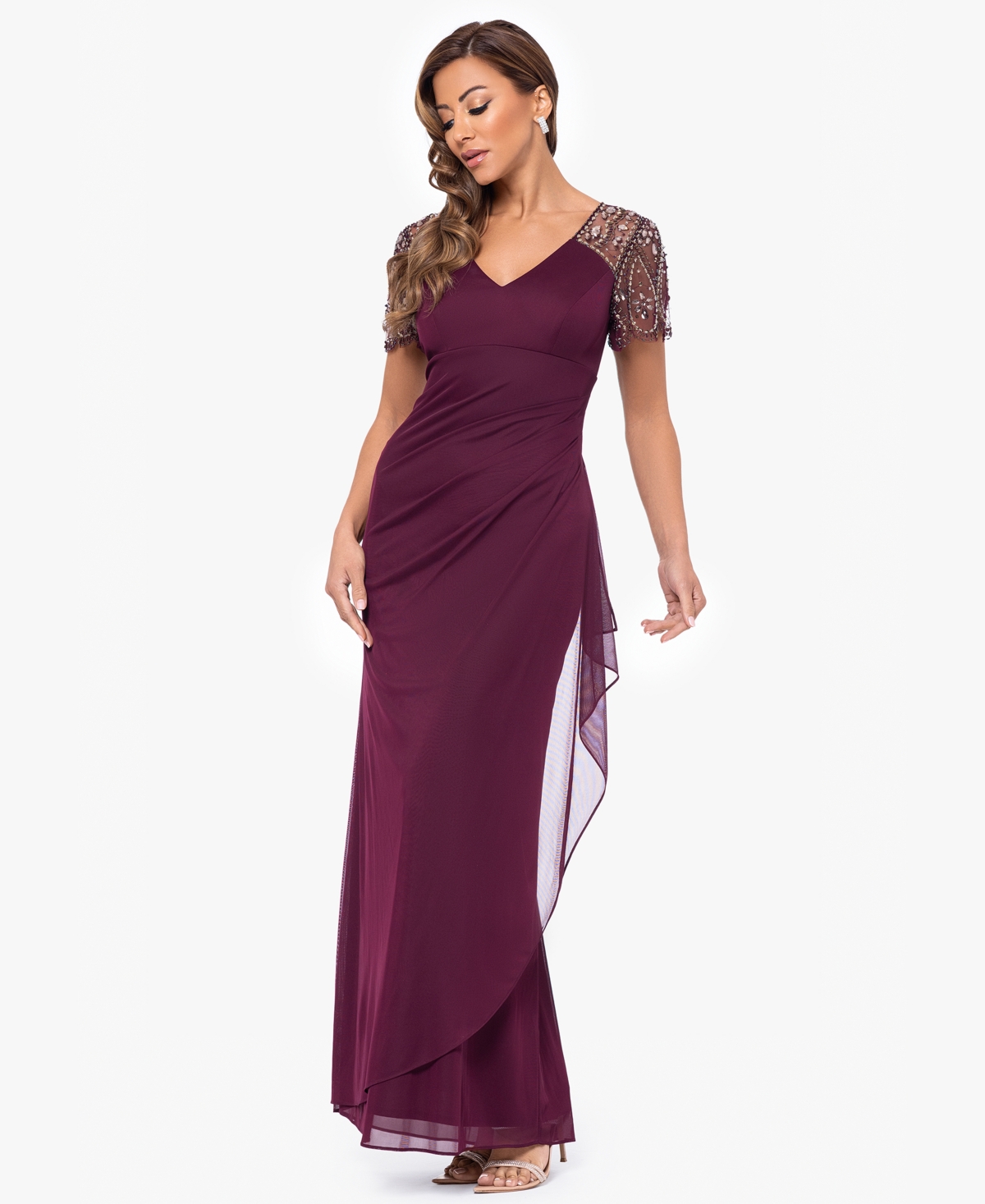 Petite Embellished Chiffon Gown - Wine Antique