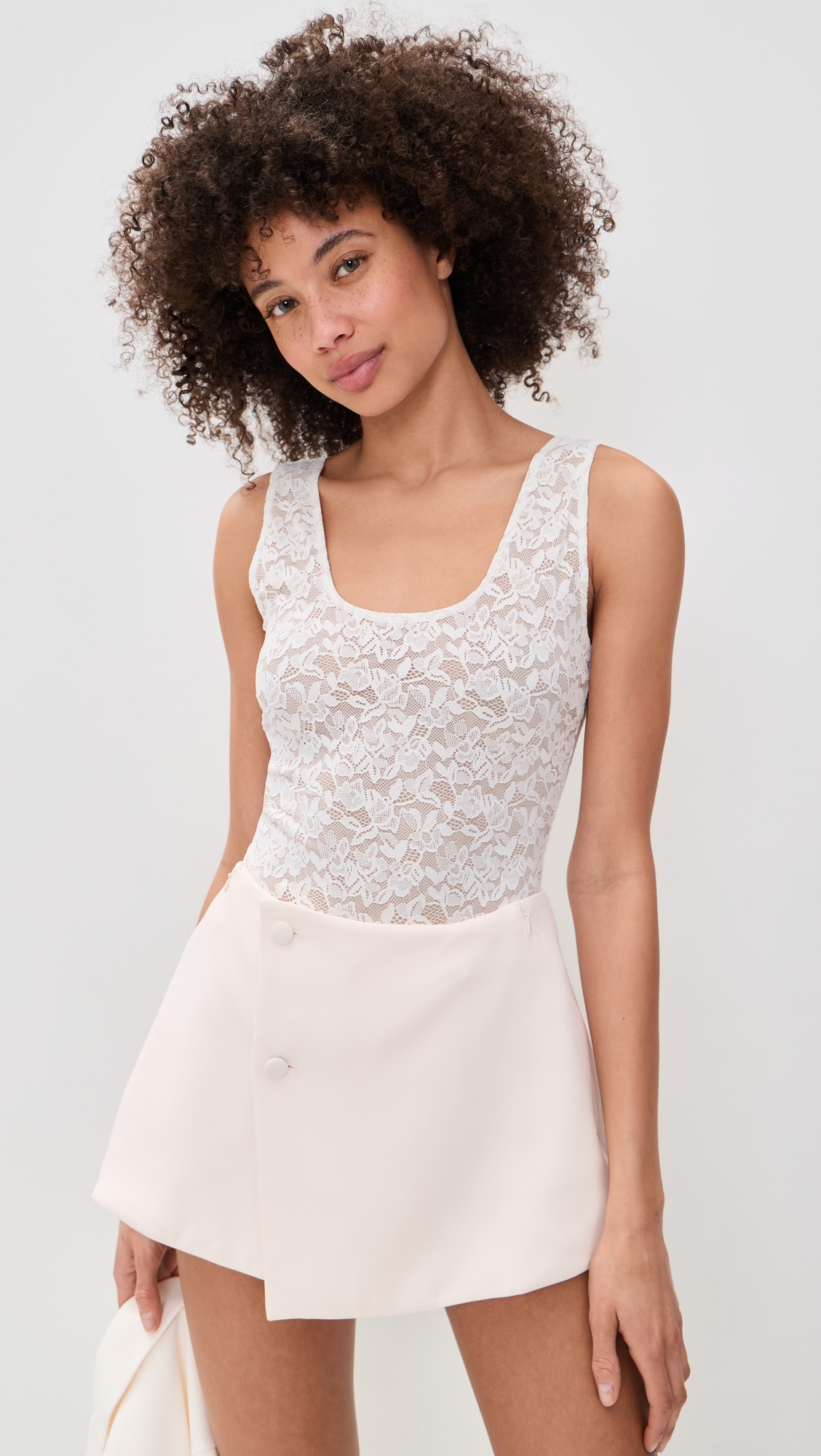 Stretch Lace Scoop Tank Bodysuit Chalk