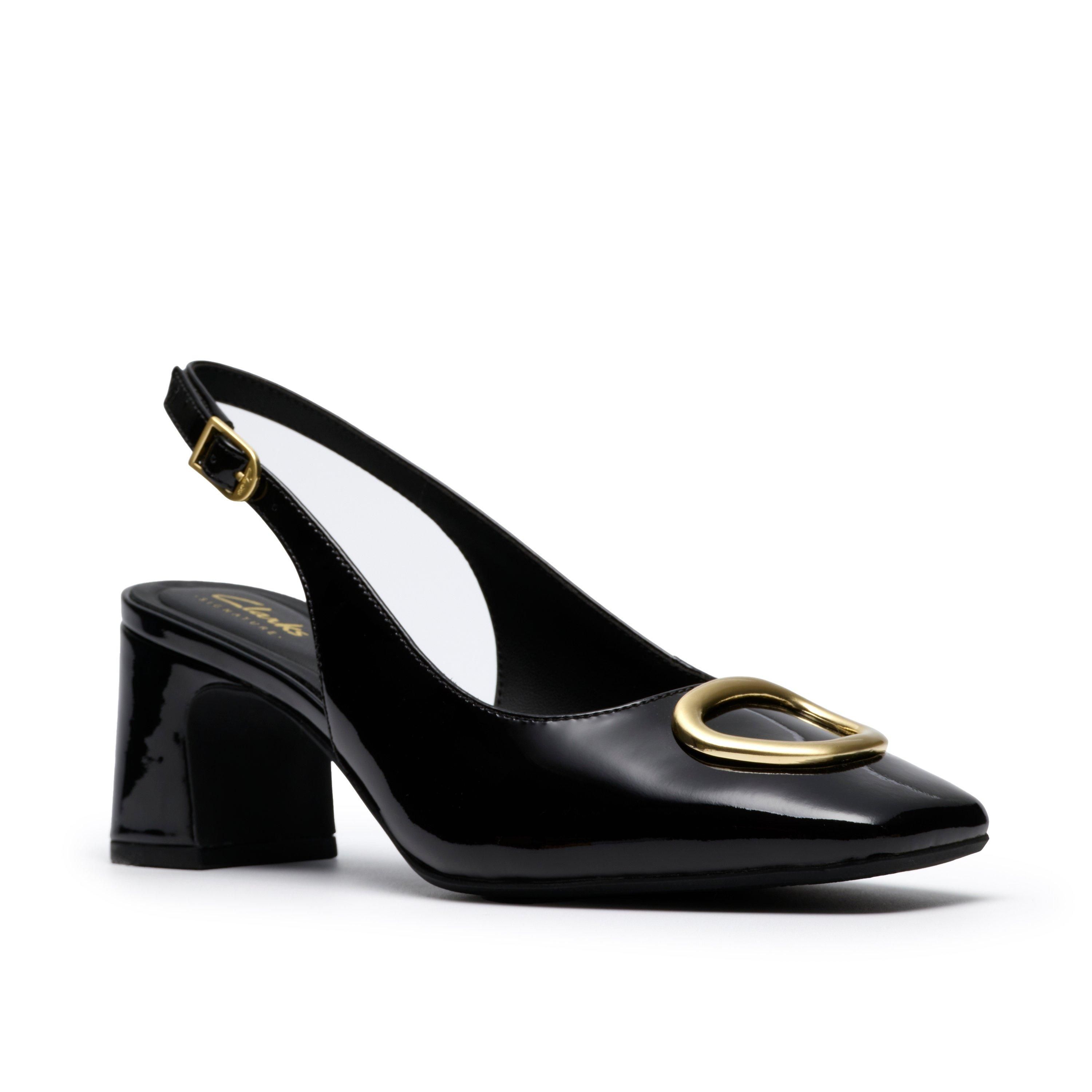 Clarks Women's Fernie Sling Black Patent Leather Court Shoes, Heels, Sling Back | : 4/Standard Fit