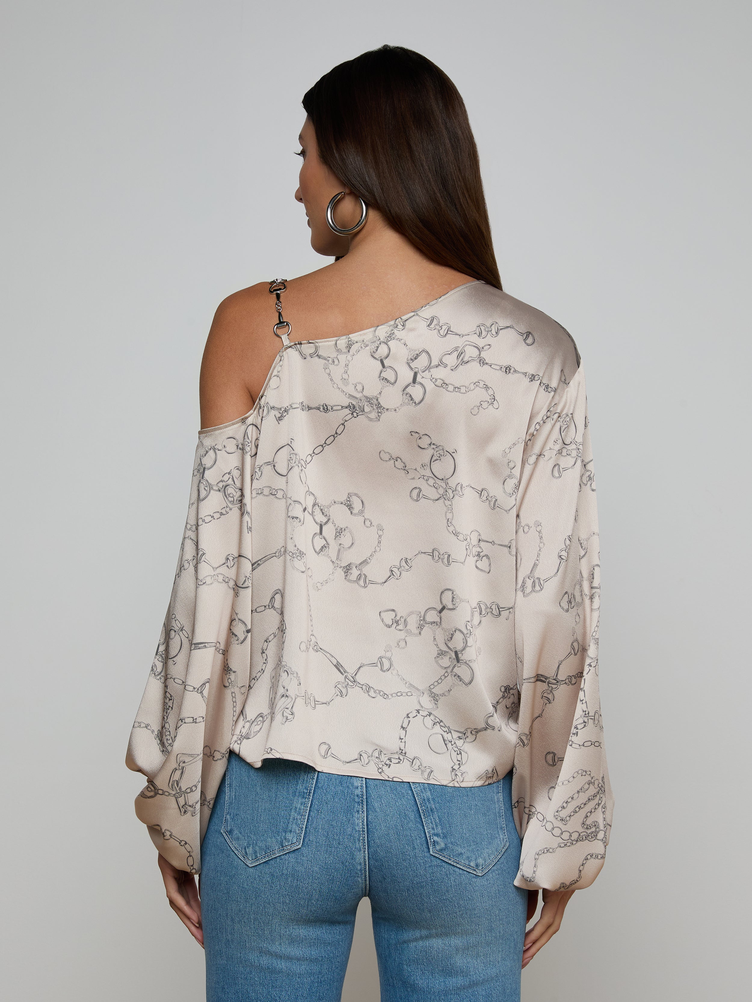 Asami Chain One-Shoulder Blouse Top In Soft Macadamia Multi Small Horsebit Chain