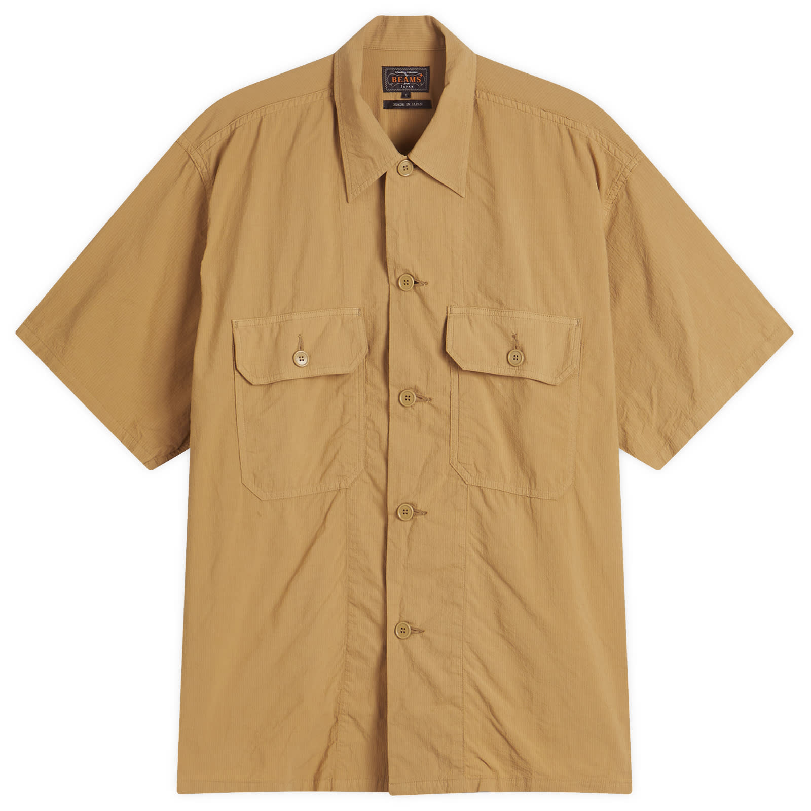 Beams Plus Men's Textured Ripstop Short Sleeve Shirt in Khaki