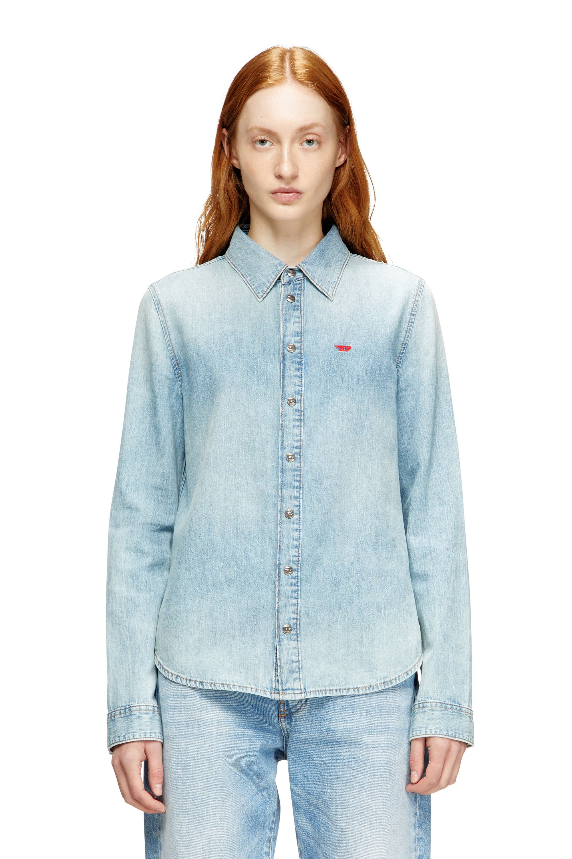 Denim shirt with embroidered logo - Denim Shirts - Woman - Blue