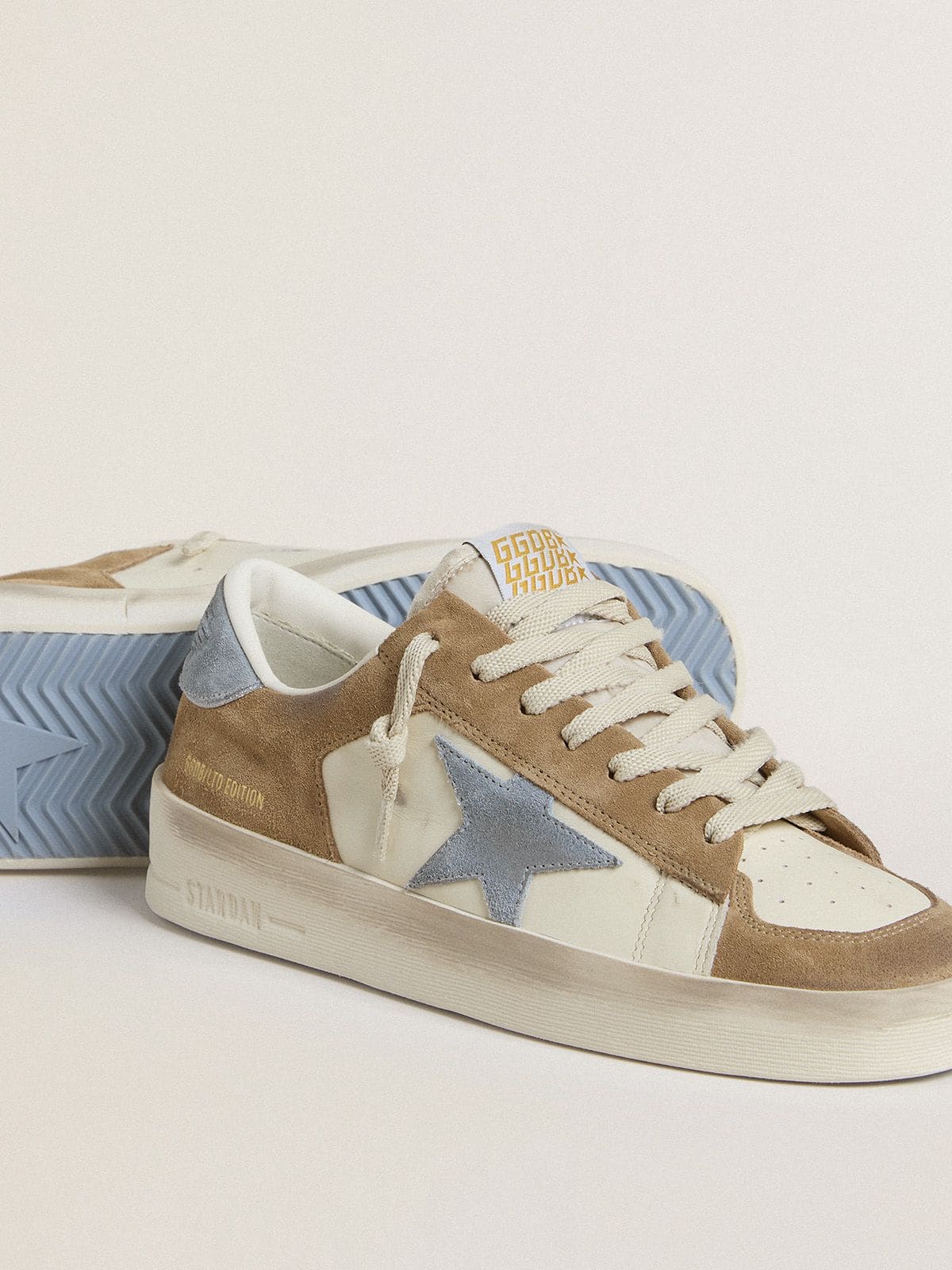 Golden Goose - Stardan Ltd In White Leather And Tobacco Suede With Light Blue Suede Star And Heel Tab, Woman