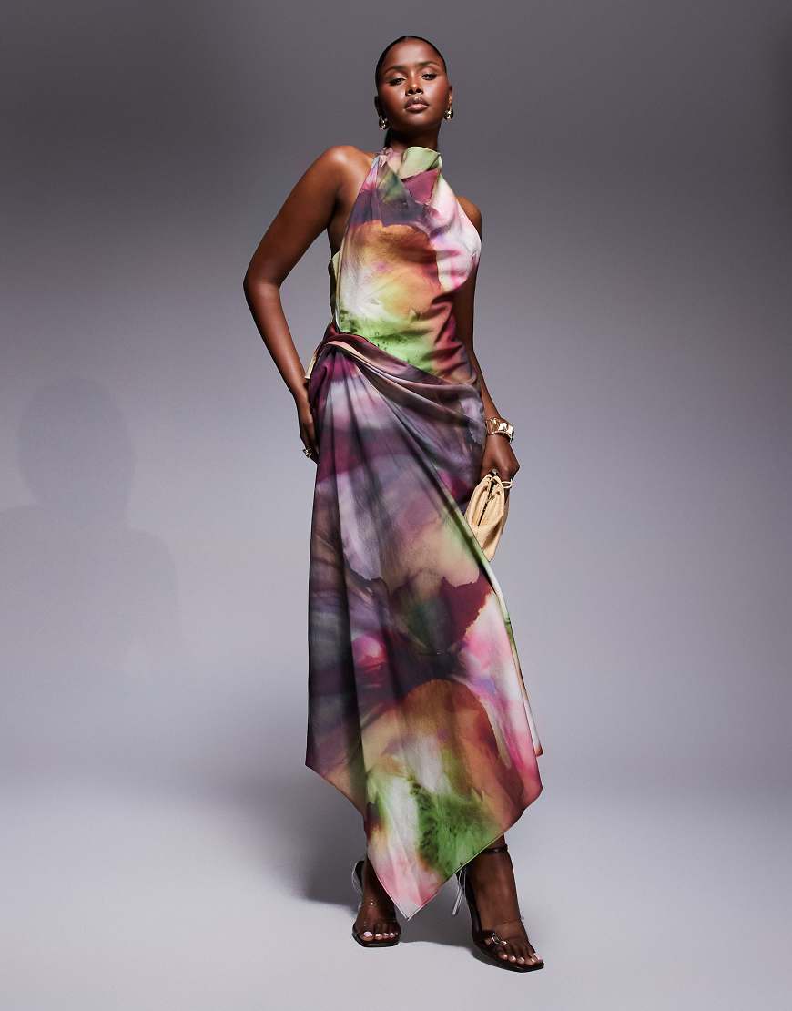 Tuck detail halter maxi dress in abstract print-Multi