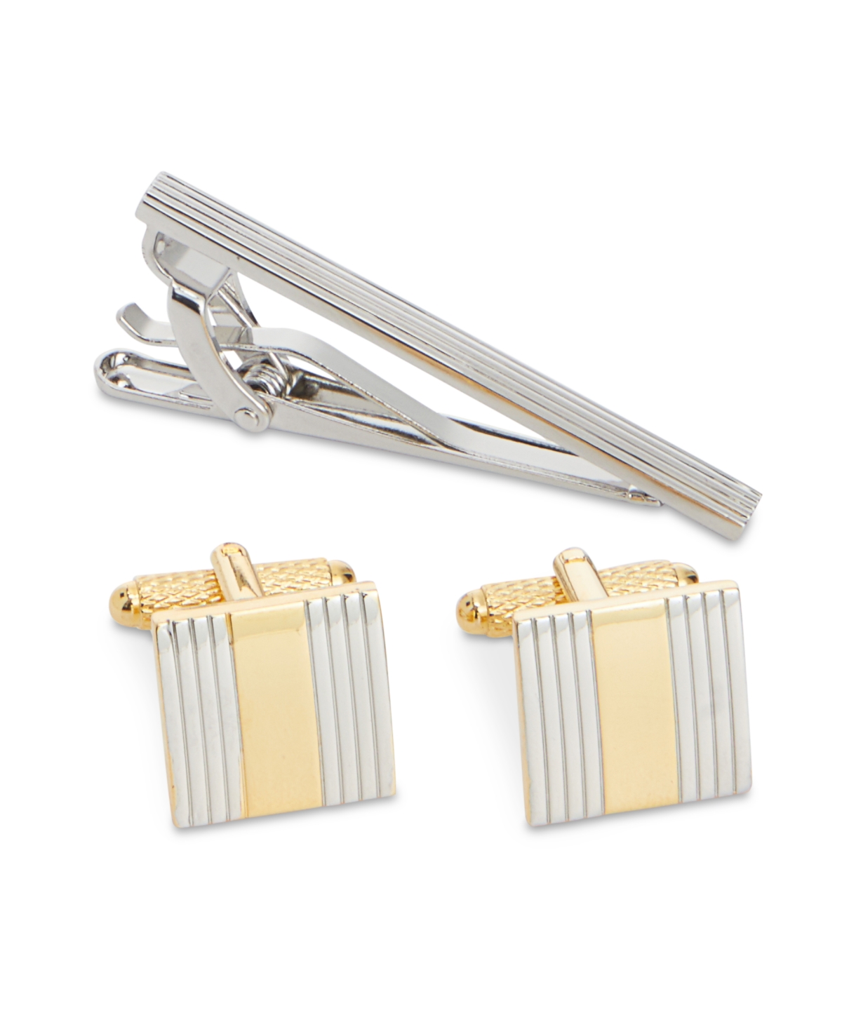Perry Ellis Men's Classic Cuff Links & Tie Bar Set - Silver And Gold
