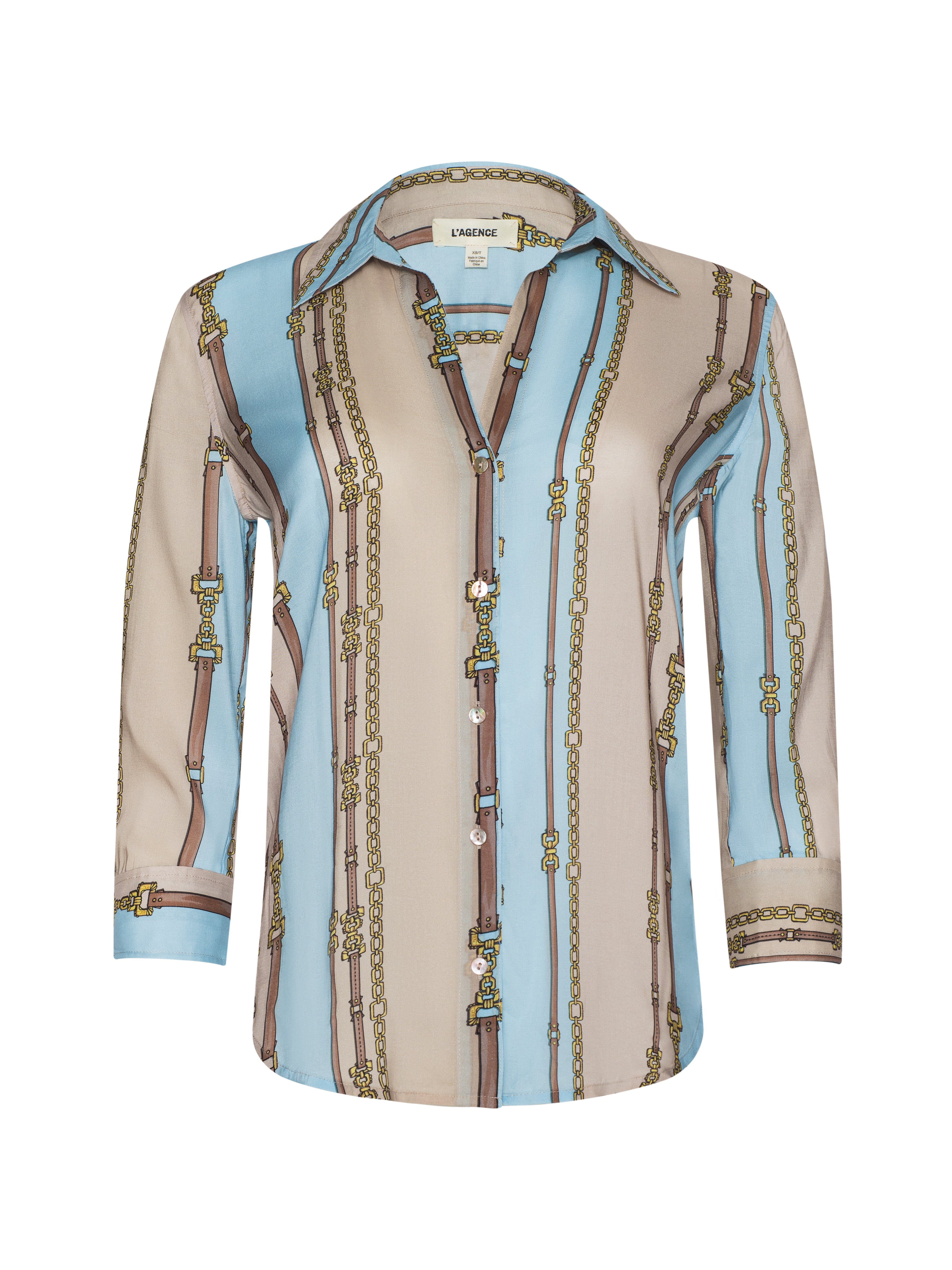 Camille Blouse Top In Taupe/light Sage Belt Stripe