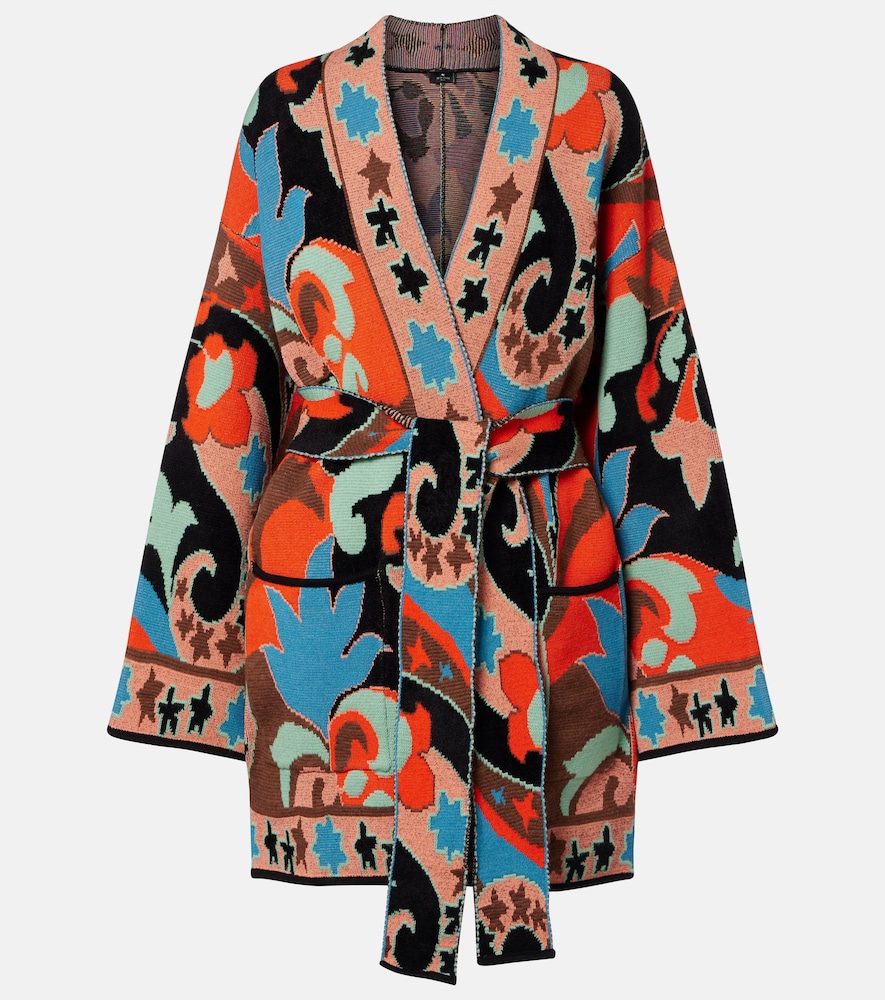 Belted jacquard wool-blend wrap cardigan