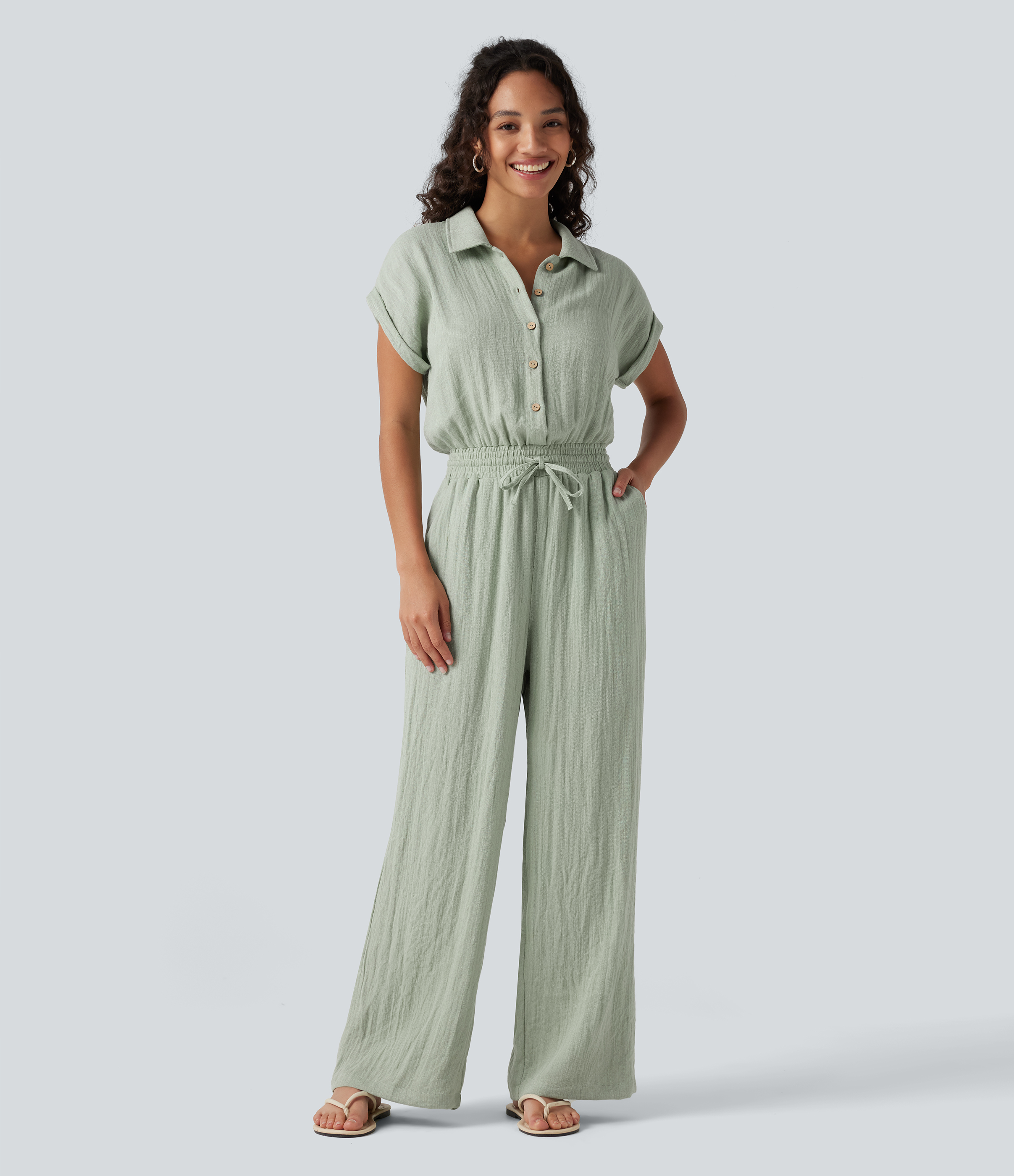 Short Sleeve Drawstring Baggy Casual Linen-Feel Jumpsuit with Pockets  - Sea Foam