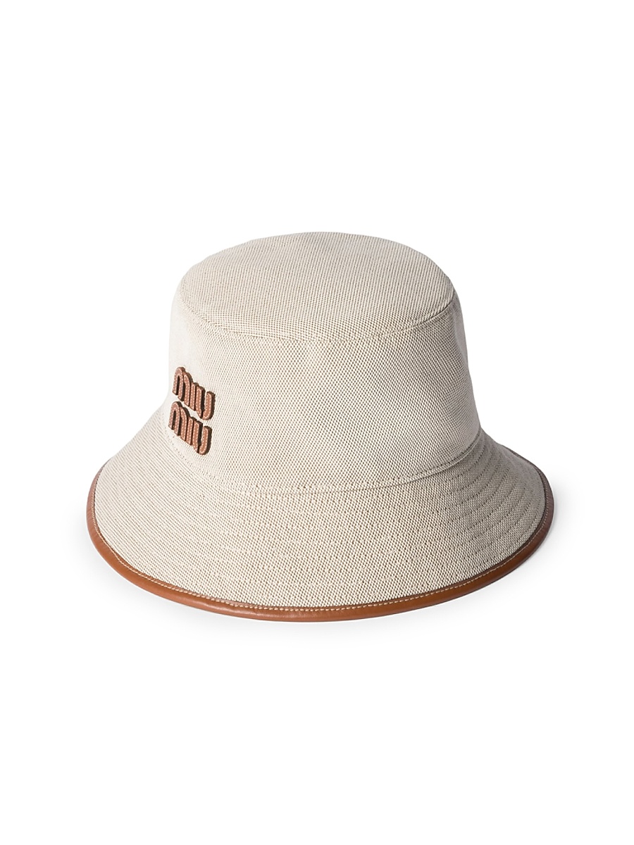 Women's Canvas and Leather Bucket Hat - Beige Khaki