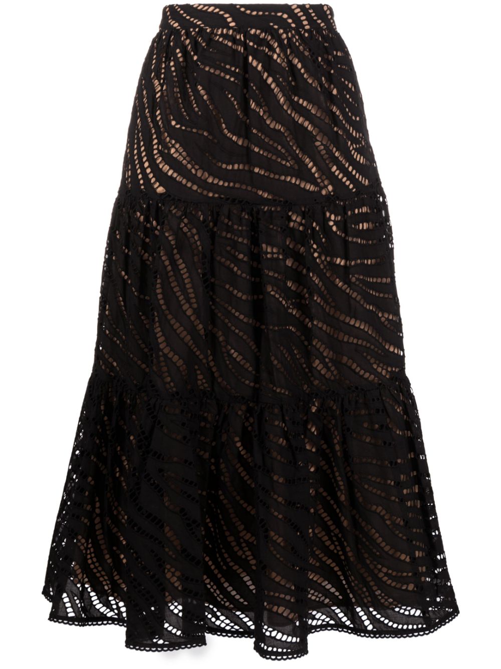 Embroidered tiered midi skirt - Black