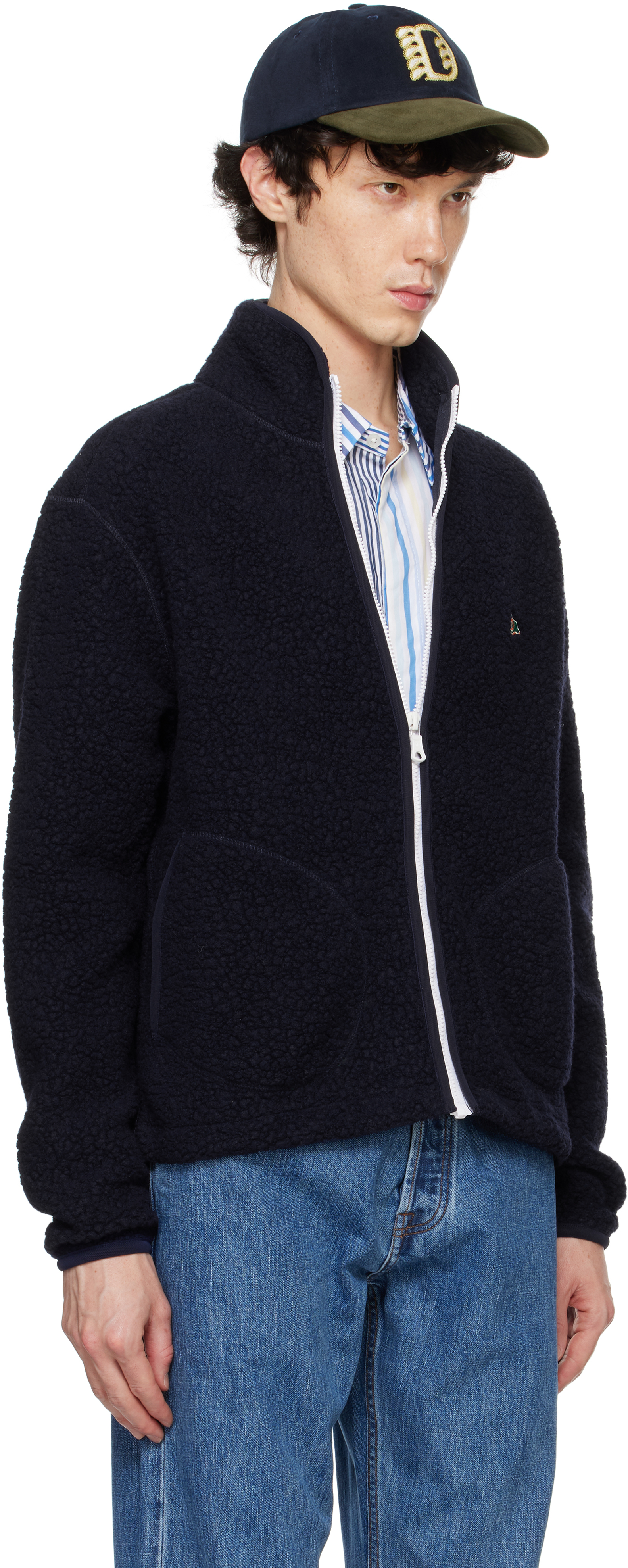 Drake's Navy Boucle Wool Zip Fleece Jacket