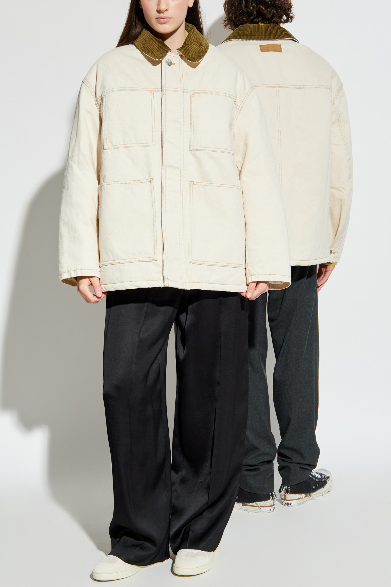 Insulated Jacket With Corduroy Collar, Unisex, Cream