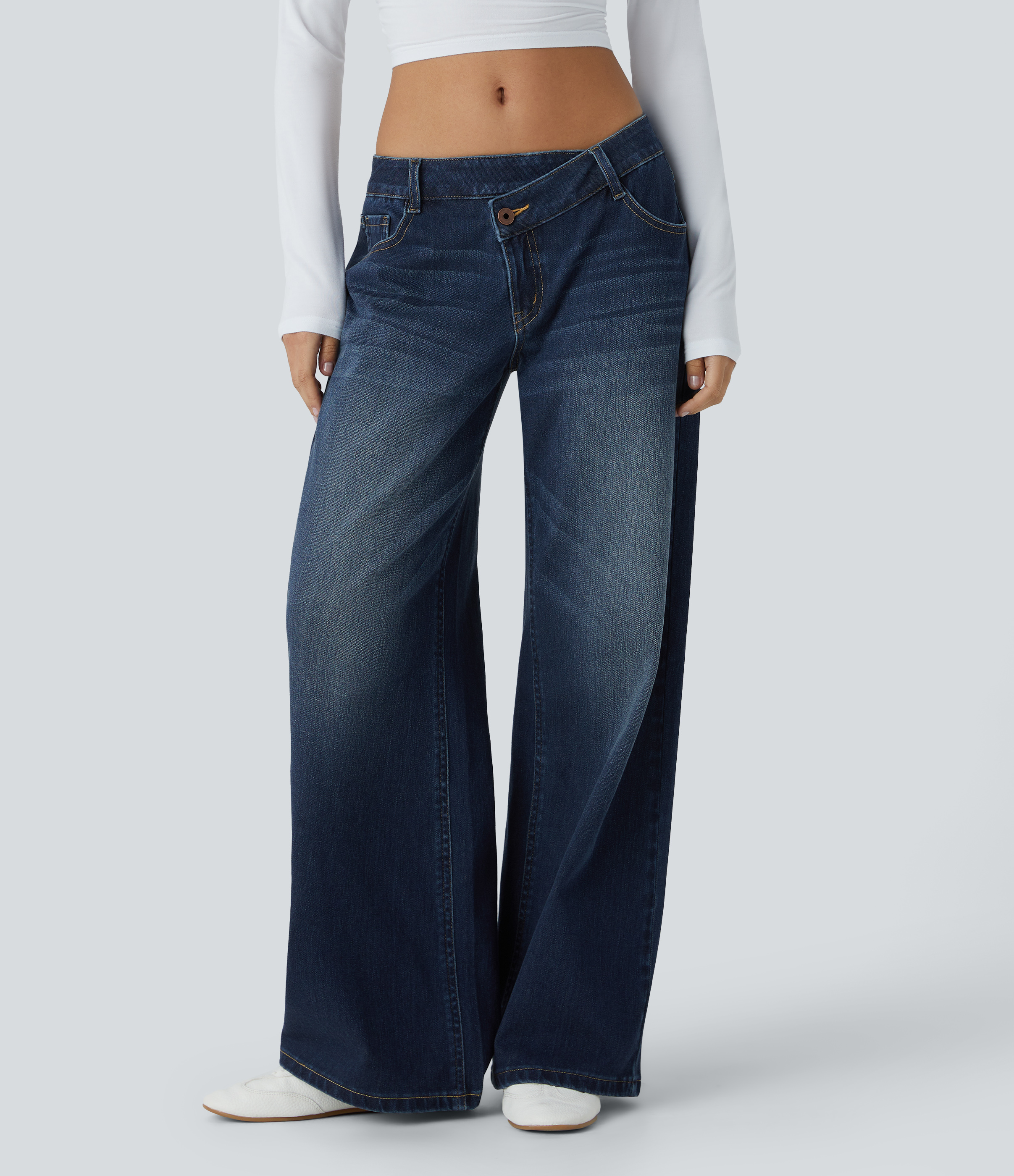 Flex™ Asymmetric Low Rise Zipper Pockets Baggy Wide Leg Washed Casual Jeans  - Paint Blue Denim