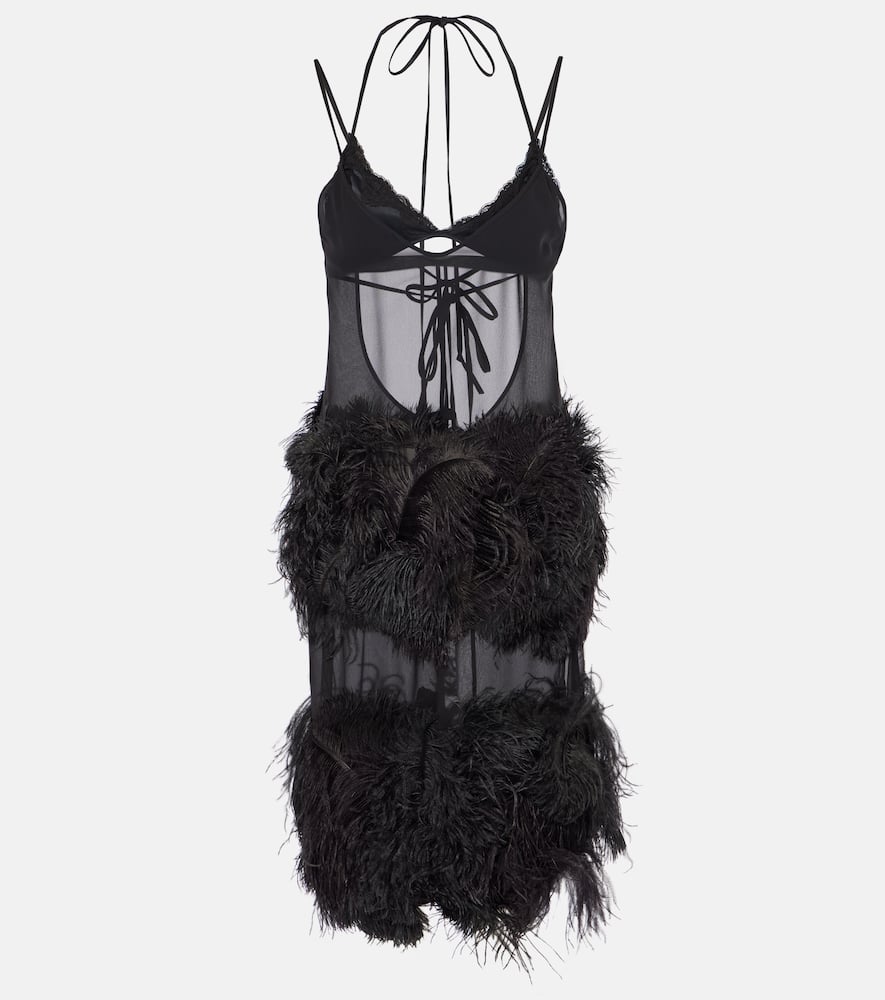 Sheer feather-trimmed midi dress